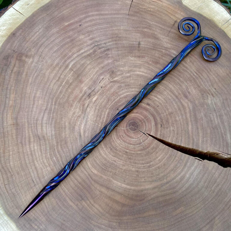 Luna Ignis Artisan Iron Wand with Neolithic Spirals Iridescent