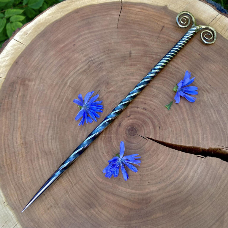 Luna Ignis Artisan Iron Wand with Neolithic Spirals Brass Plated
