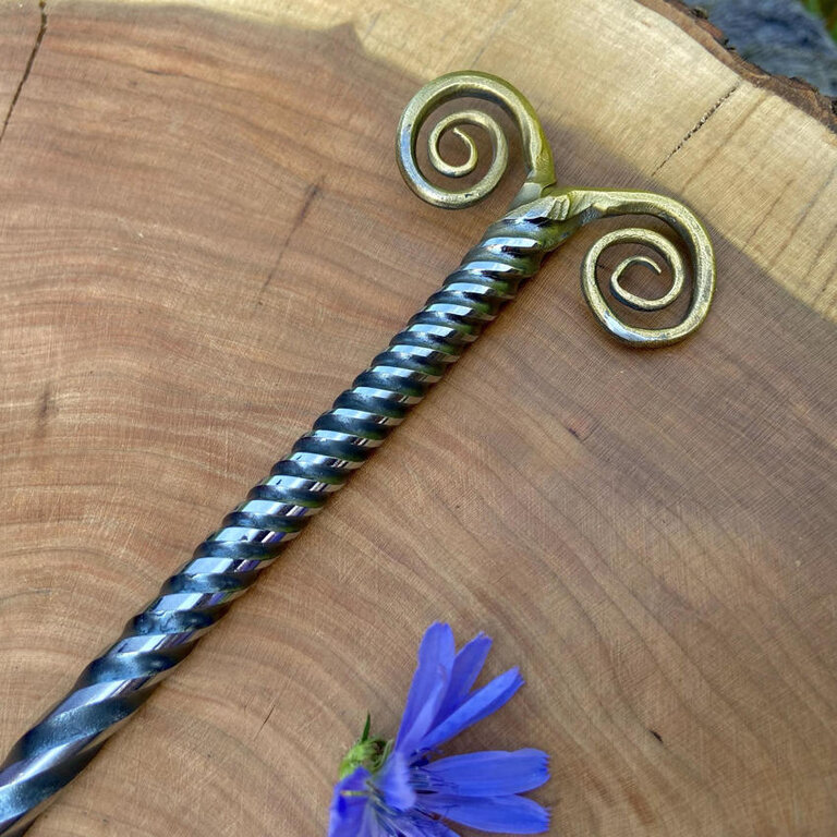 Luna Ignis Artisan Iron Wand with Neolithic Spirals Brass Plated