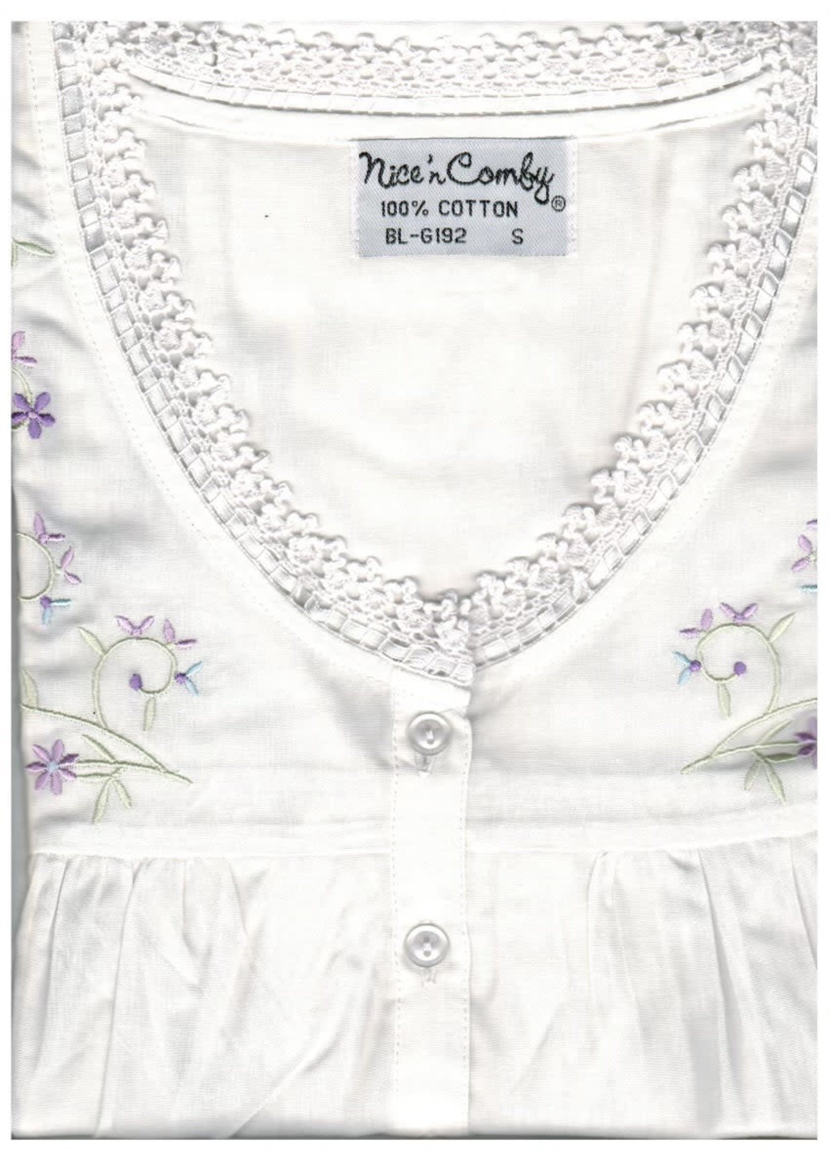 Nice n' Comfy Embroidered Cotton Nightgown with Purple Flowers