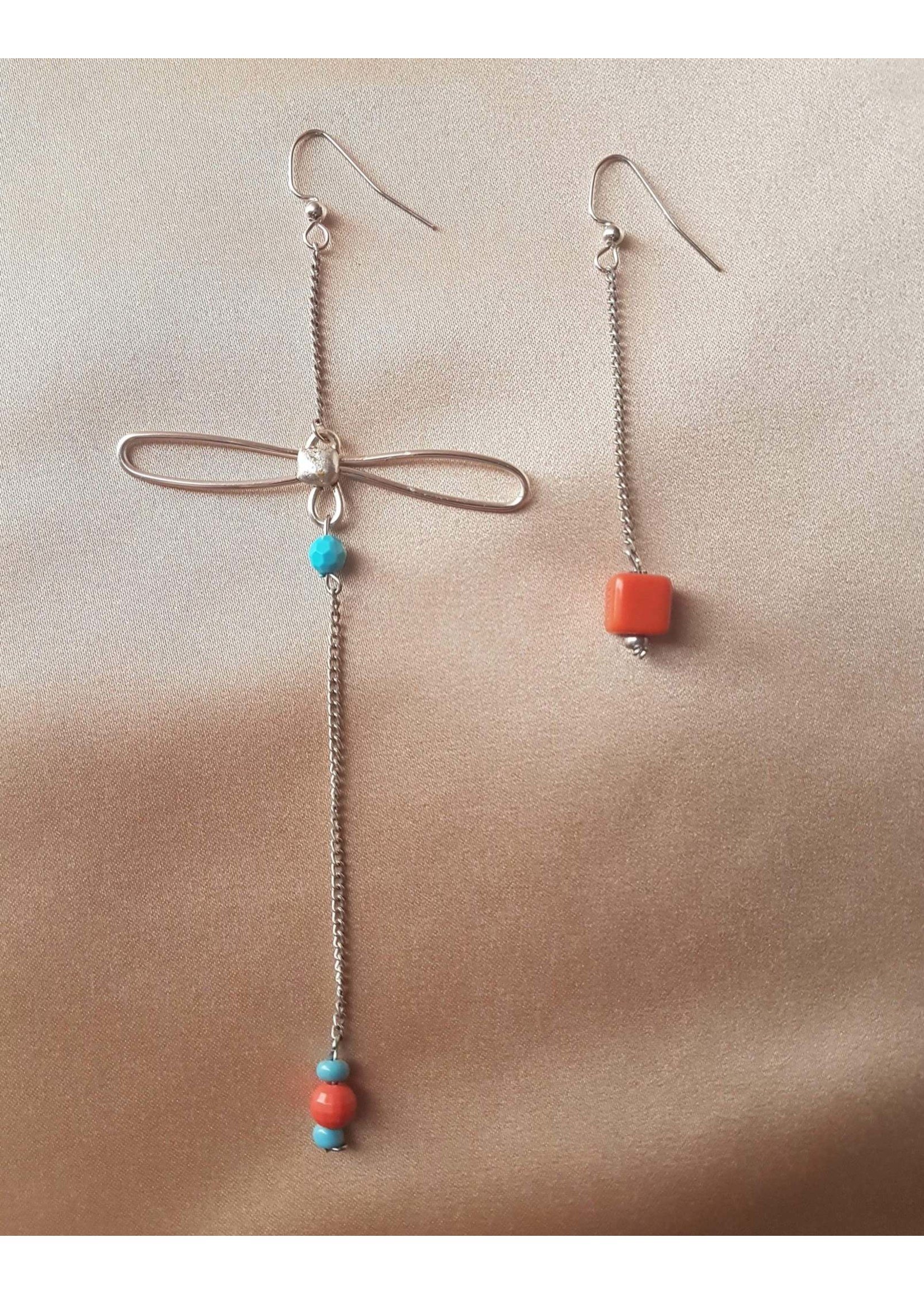 The Grumpy Toad Asymmetrical Blue & Orange Dragonfly Earrings