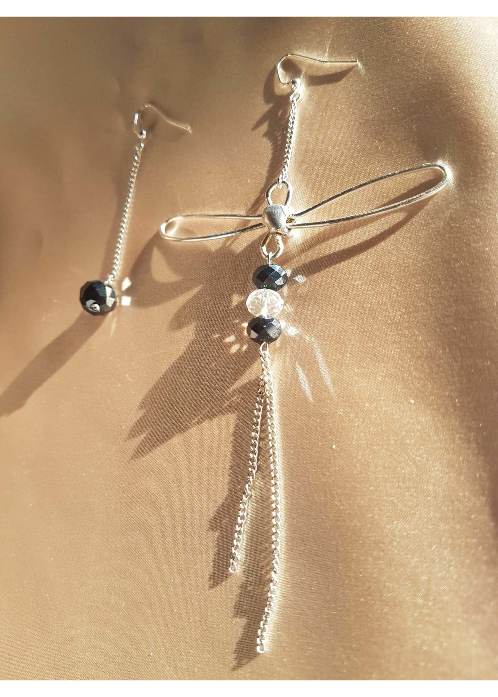 The Grumpy Toad Asymmetrical Black & White Dragonfly Earrings