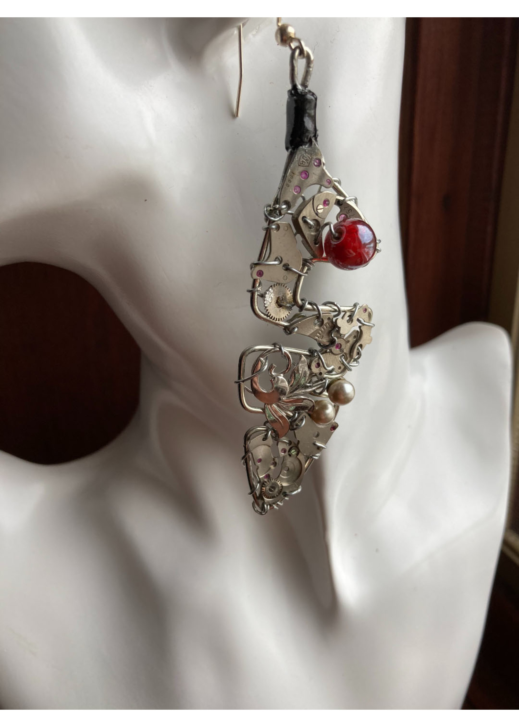 The Grumpy Toad Steampunk Feather Red Bead Earrings