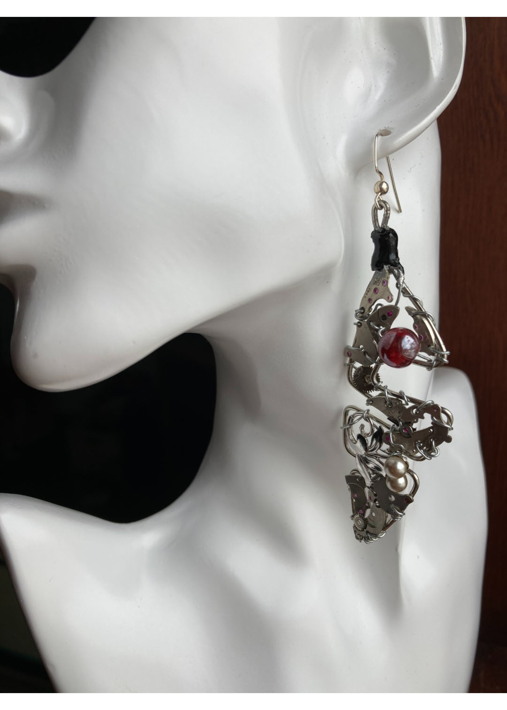 The Grumpy Toad Steampunk Feather Red Bead Earrings