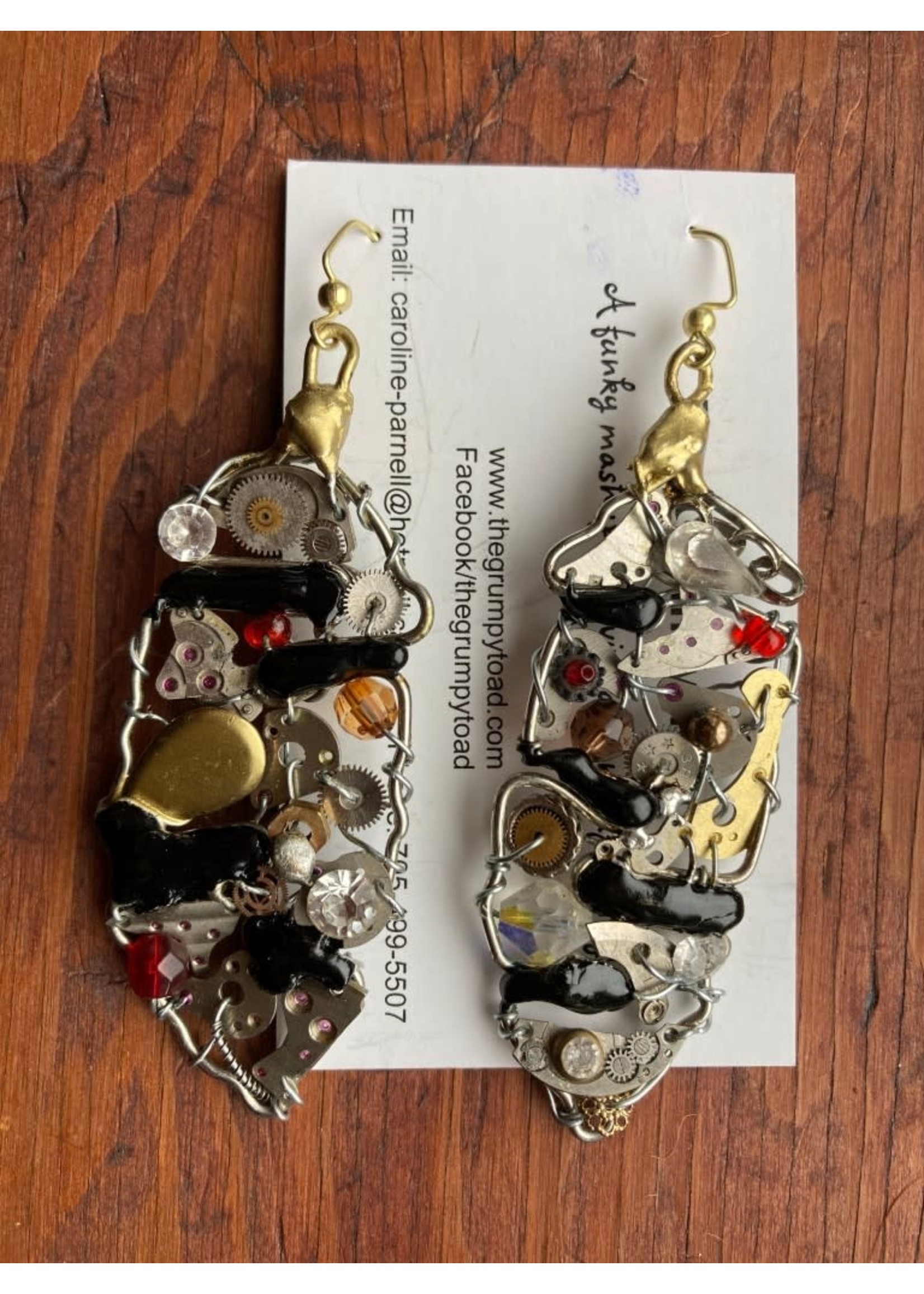 The Grumpy Toad Steampunk Feather Black & Red Earrings