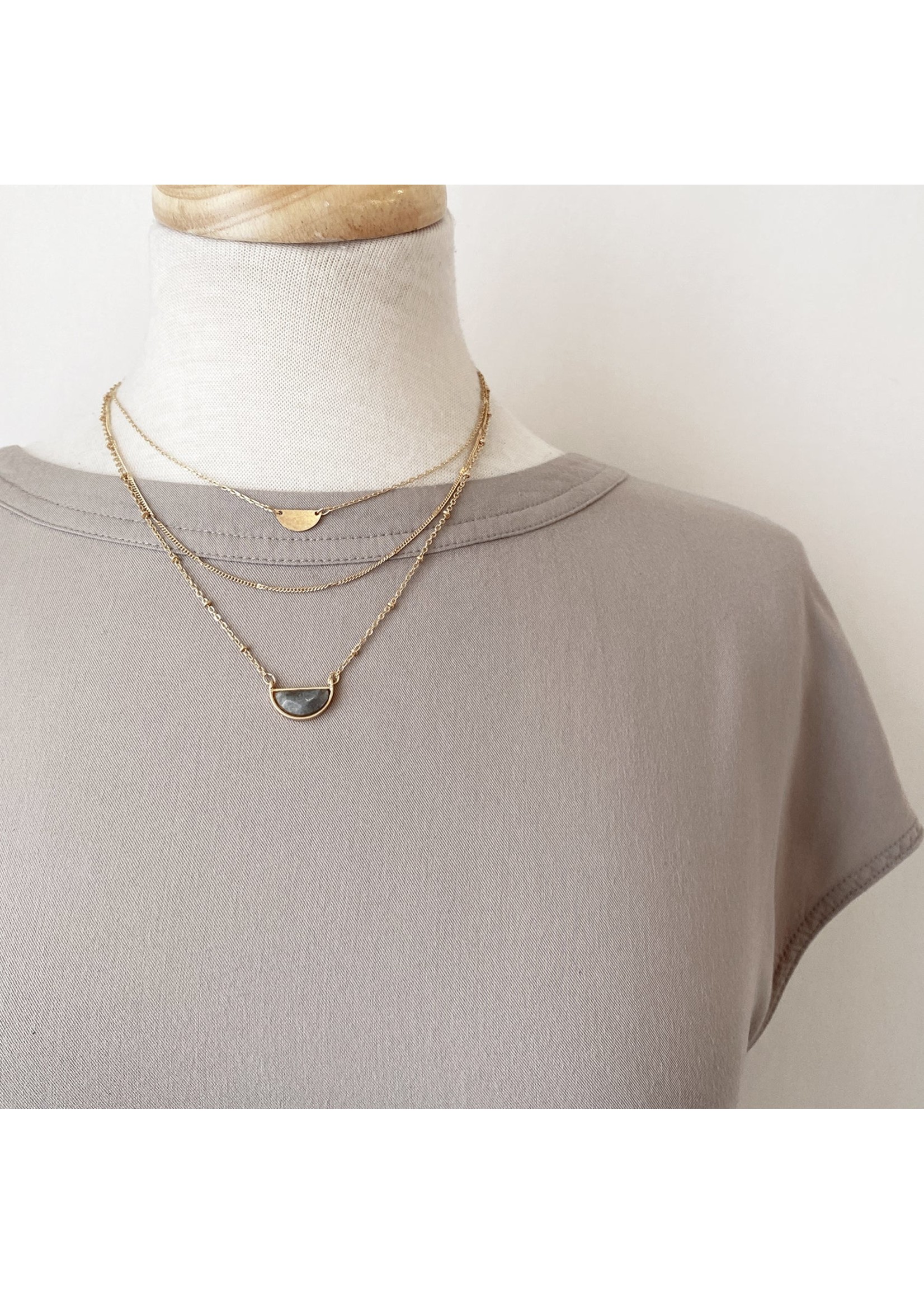 Caracol Grey & Gold Triple Chain Necklace with a Natural Stone