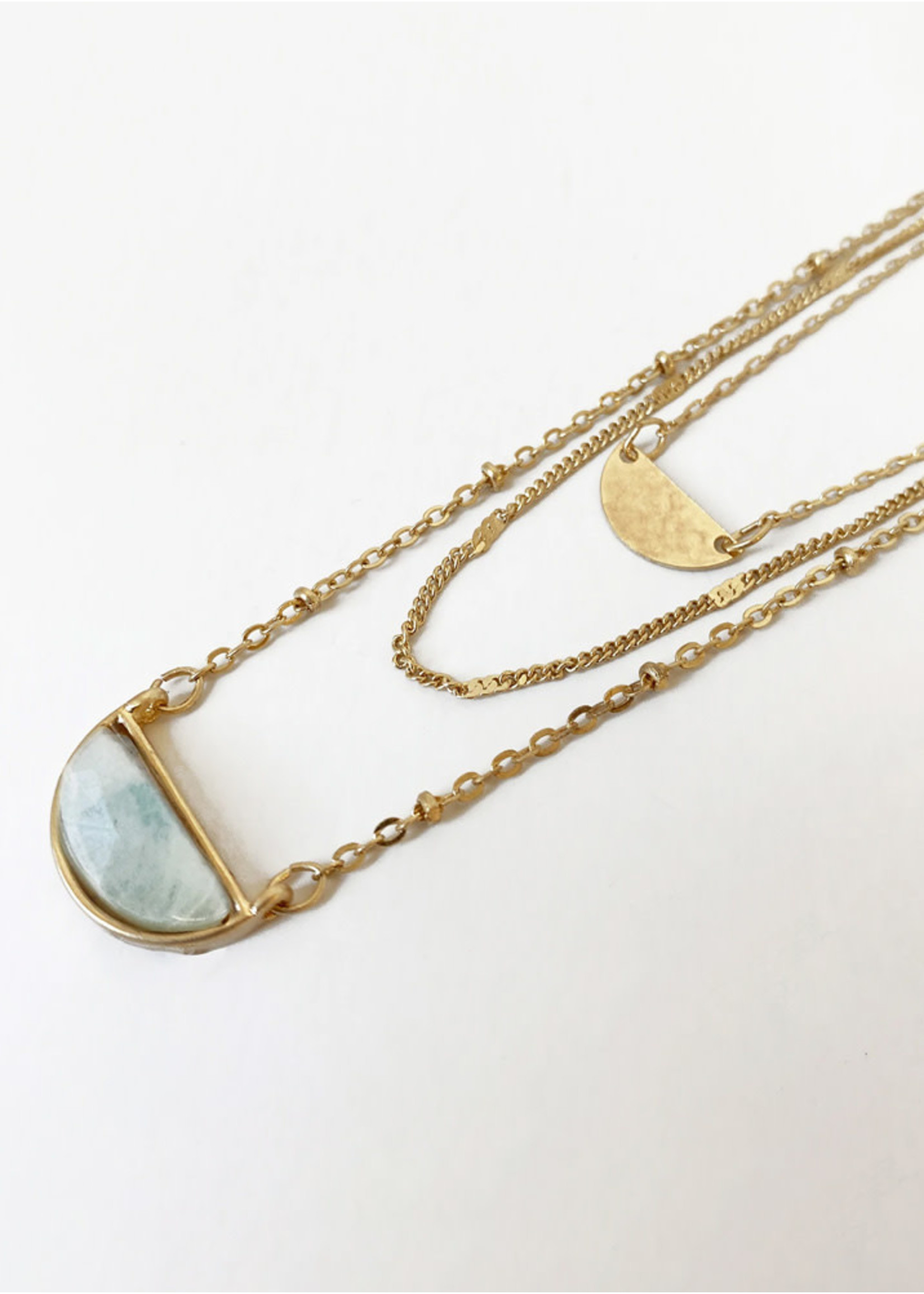 Turquoise & Gold Triple Chain Necklace with a Natural Stone