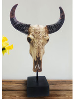 Tribal Carved Bull Skull on Stand - PICK UP ONLY