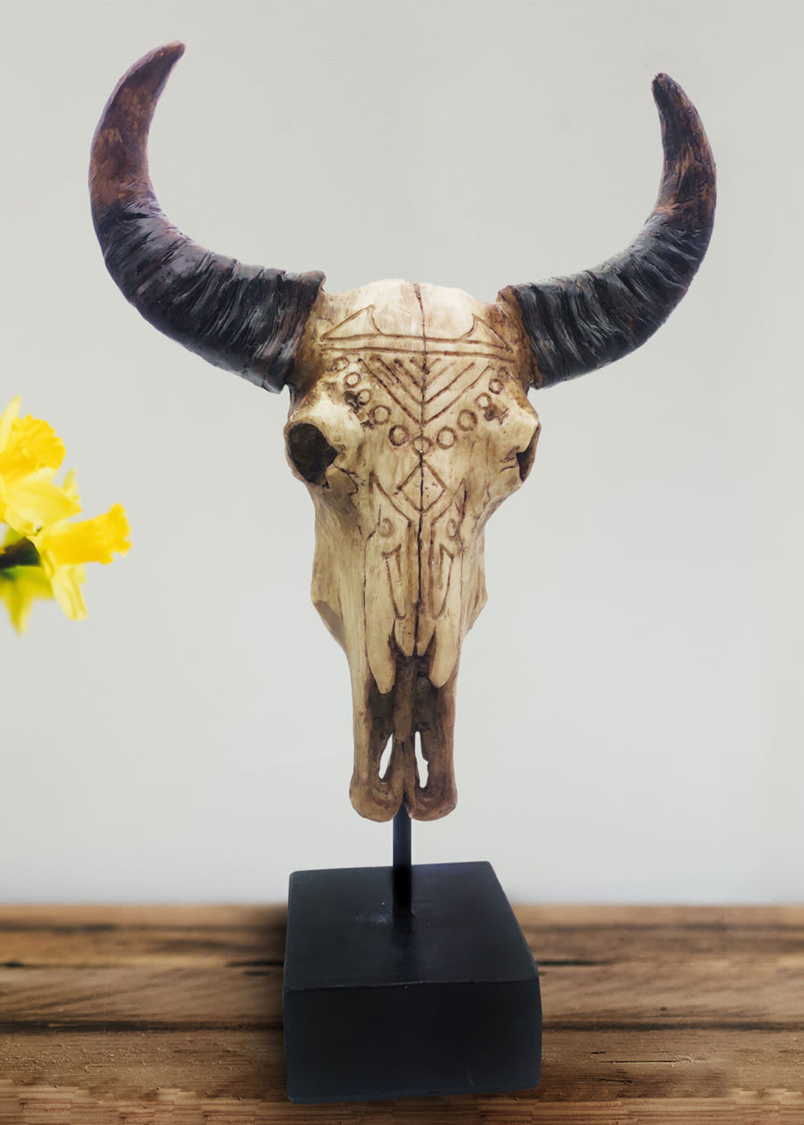 Tribal Carved Bull Skull on Stand - PICK UP ONLY