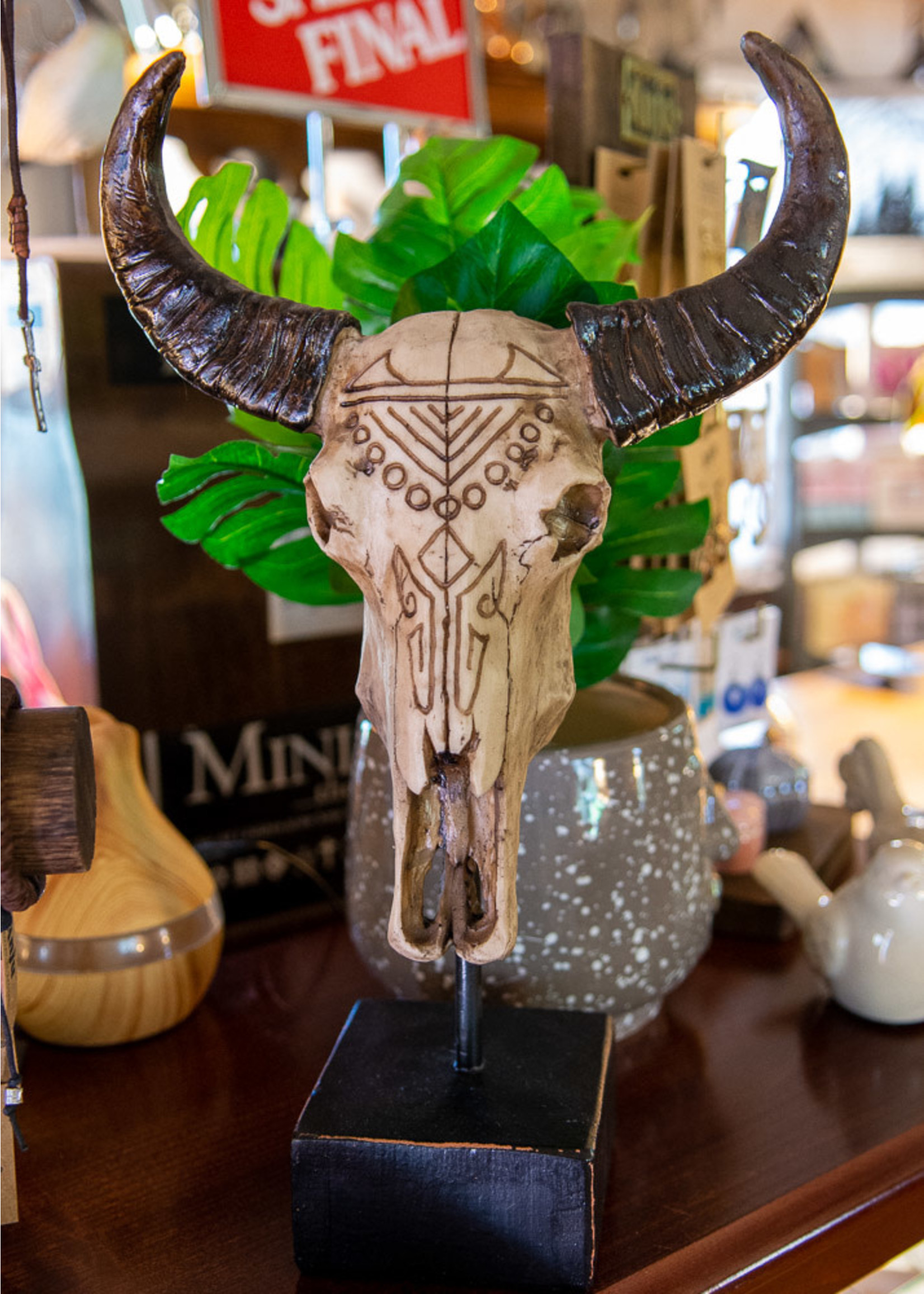 Tribal Carved Bull Skull on Stand - PICK UP ONLY