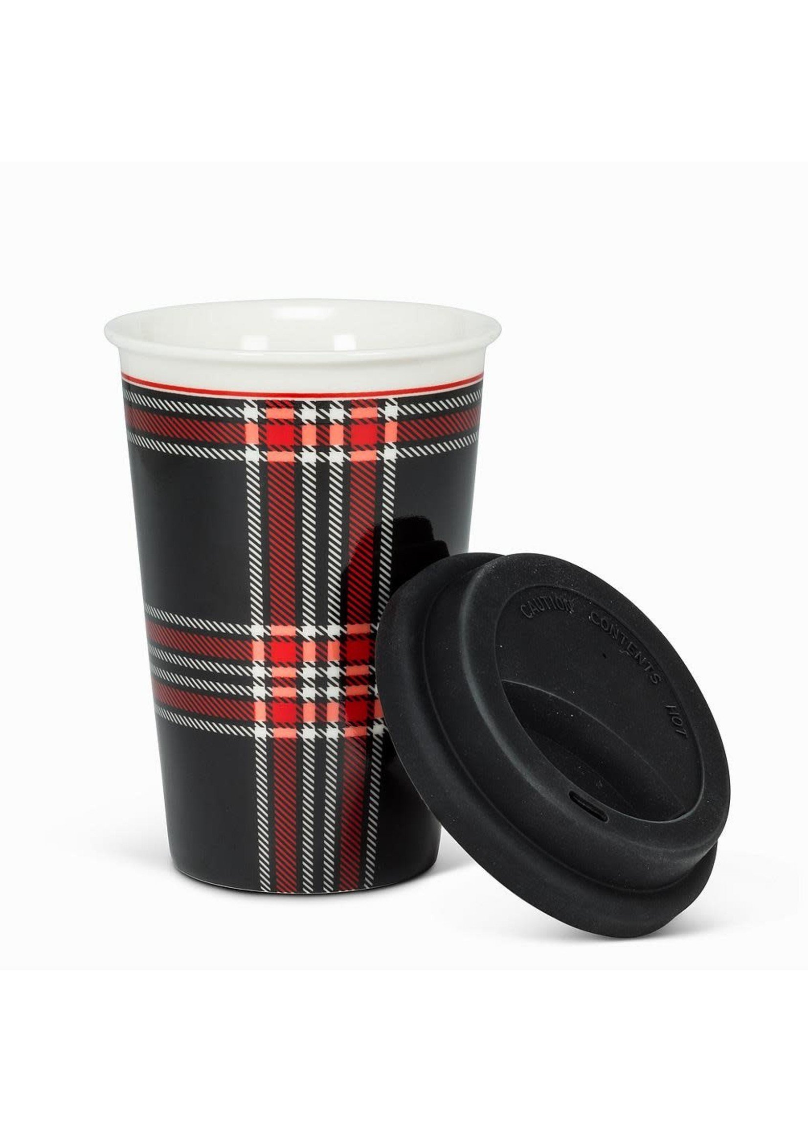 Travel Mug with Silicone Lid - Black & Red Plaid