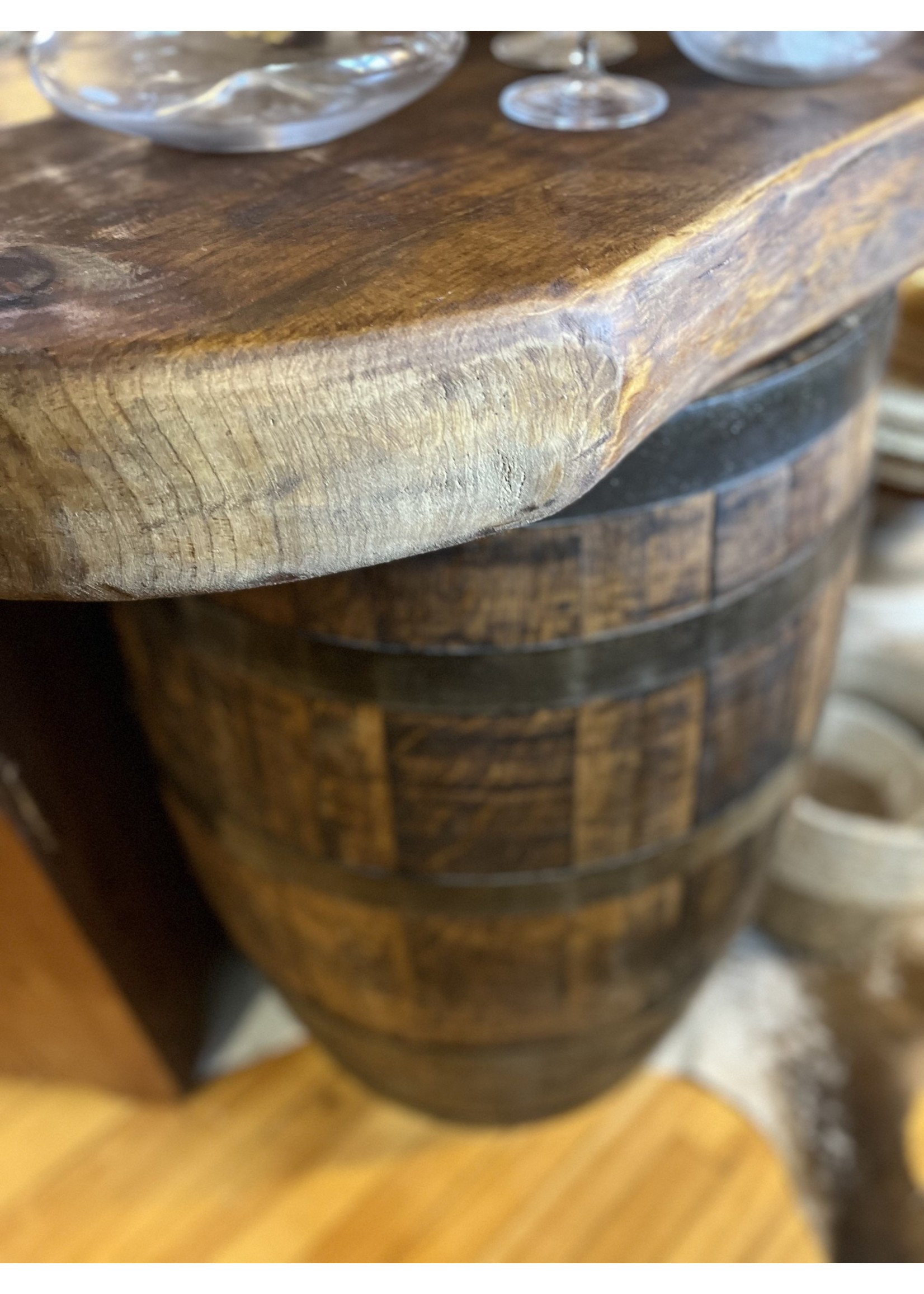 Pine table w Whiskey Barrel Ends - PICK UP ONLY
