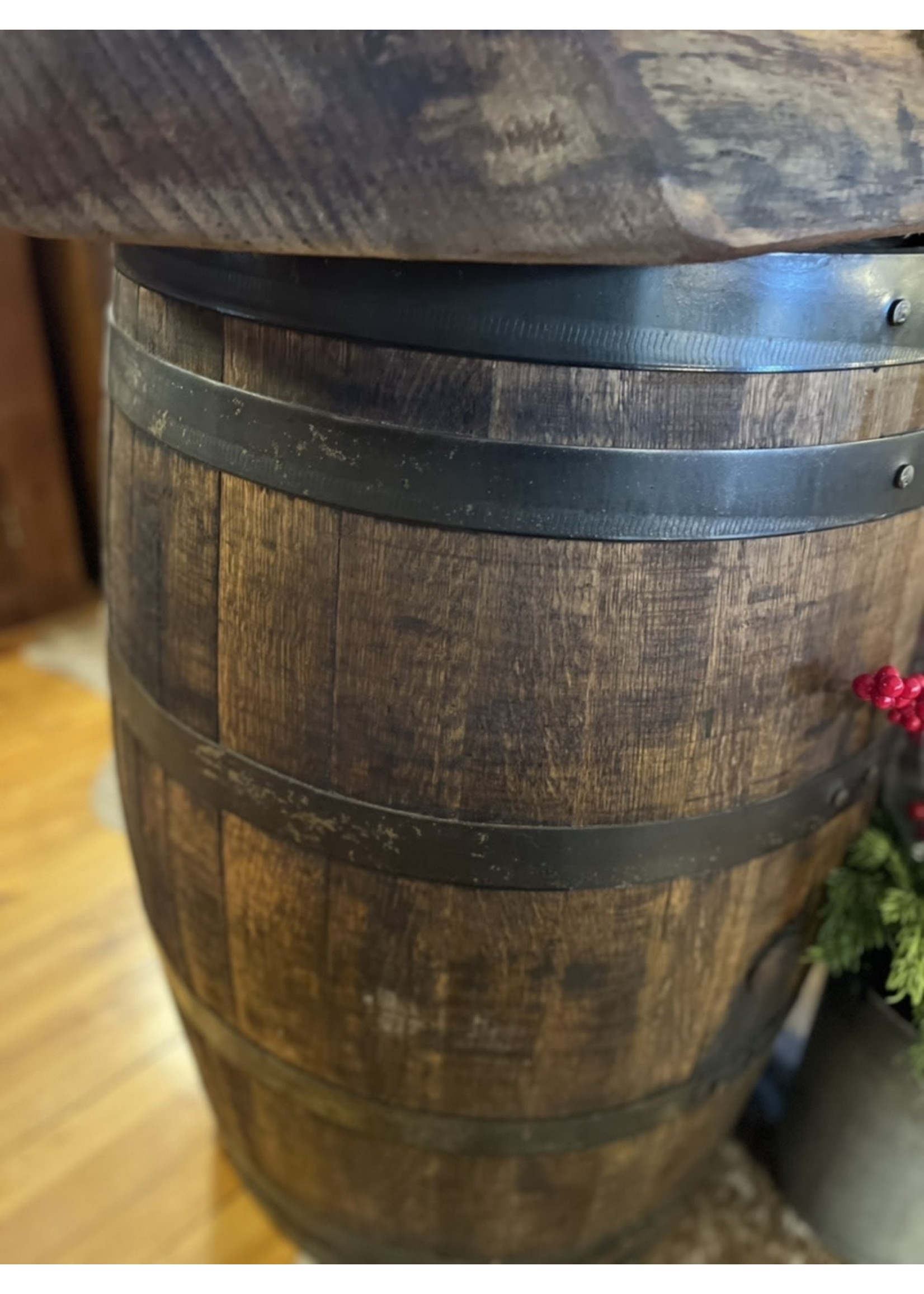 Pine table w Whiskey Barrel Ends - PICK UP ONLY