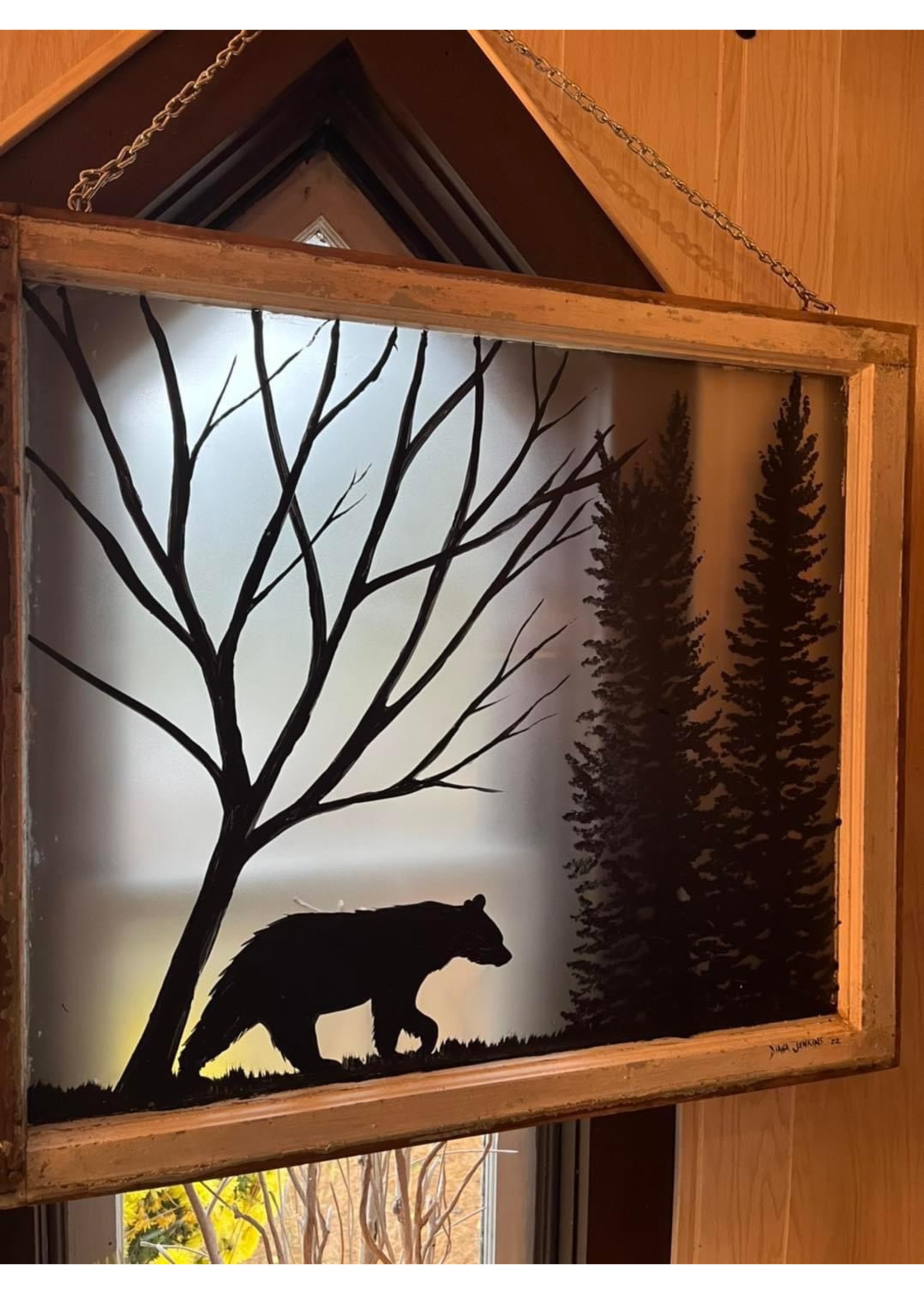 Diana Jenkins Hand Painted Antique Window - Bear - PICK UP ONLY