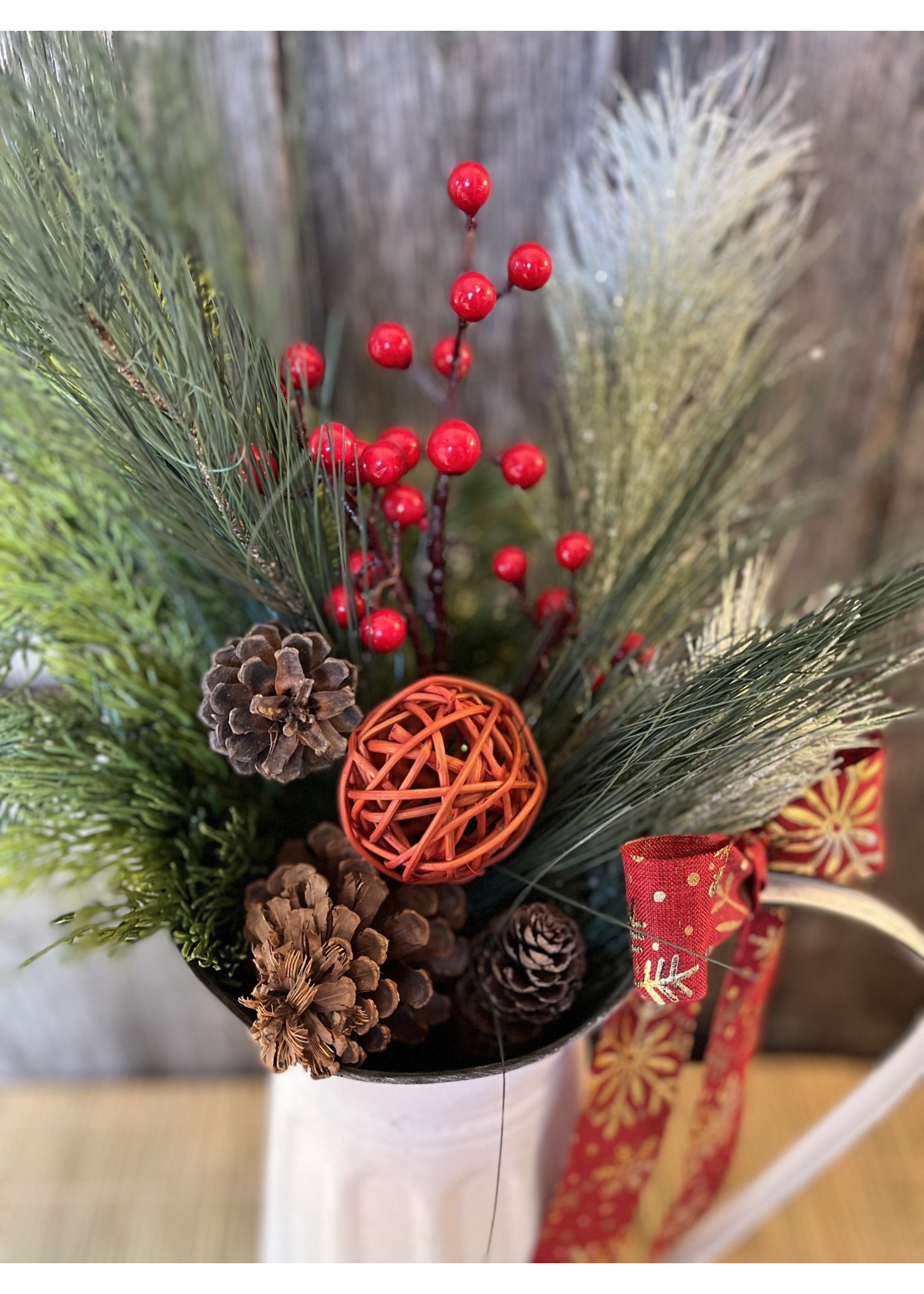 Tall White tin Jug with Christmas Arrangement