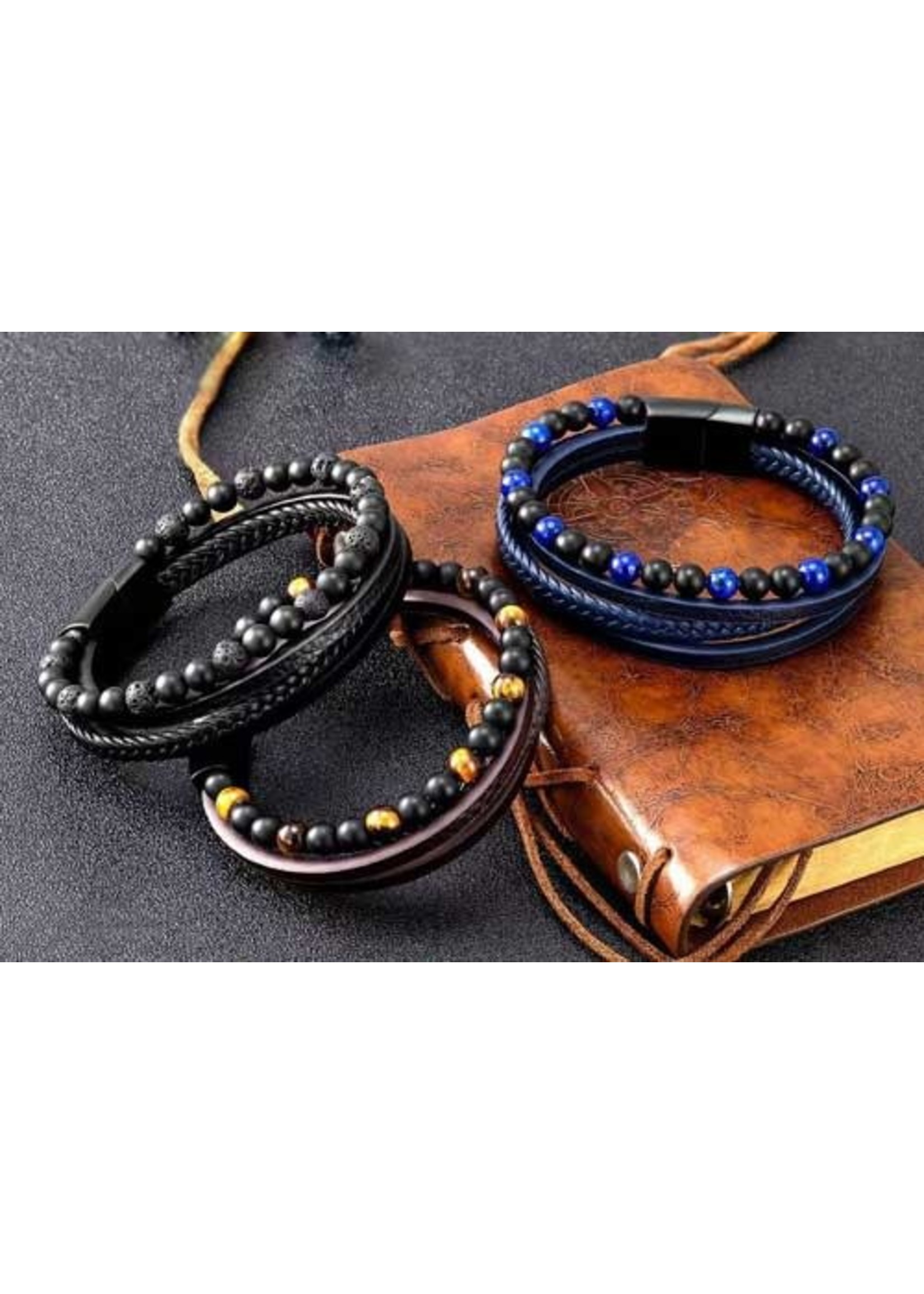 Men’s Leather Bracelet with Lava Beads