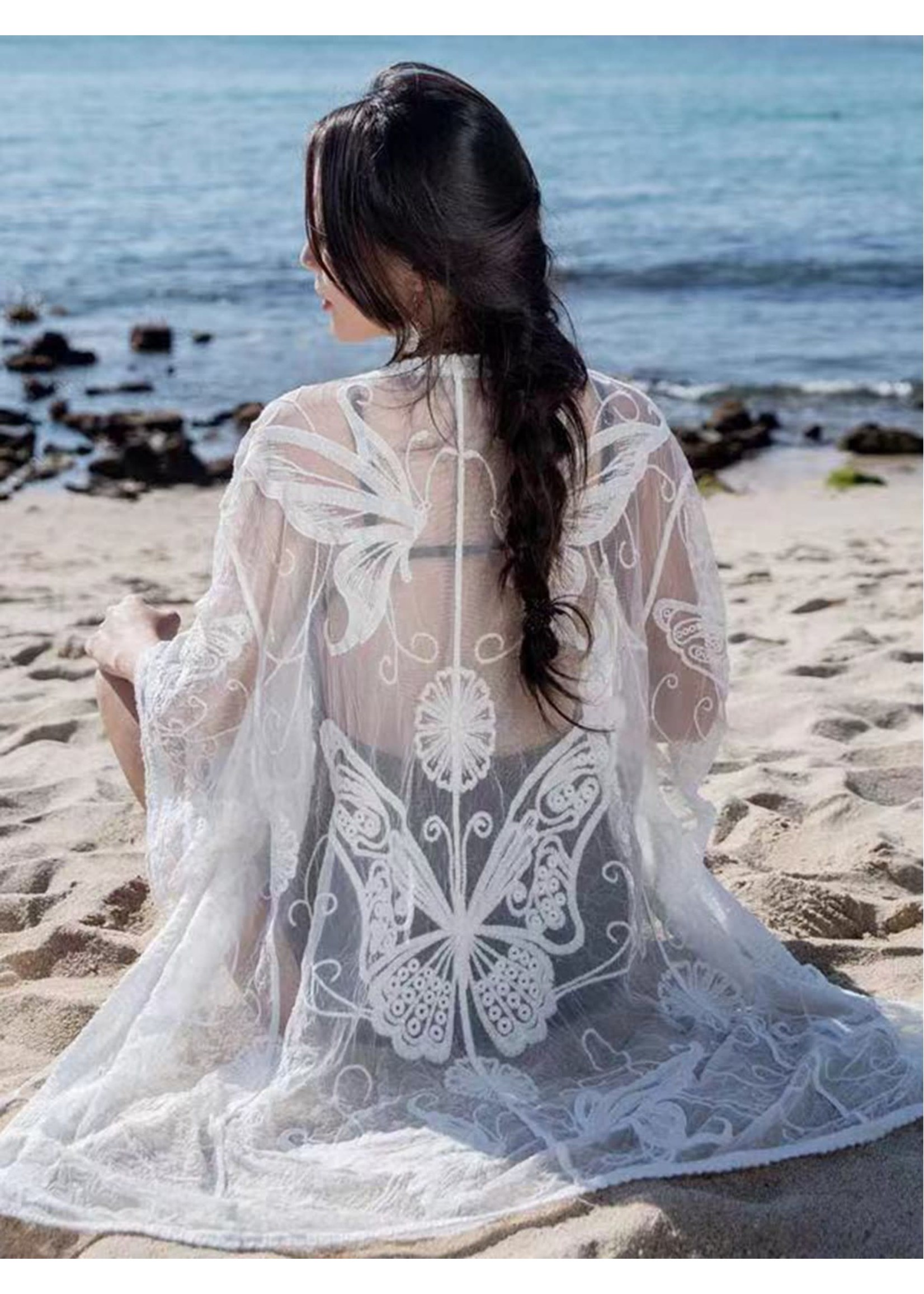 Lace Kimono W/ Button Clasp - Butterfly Pattern