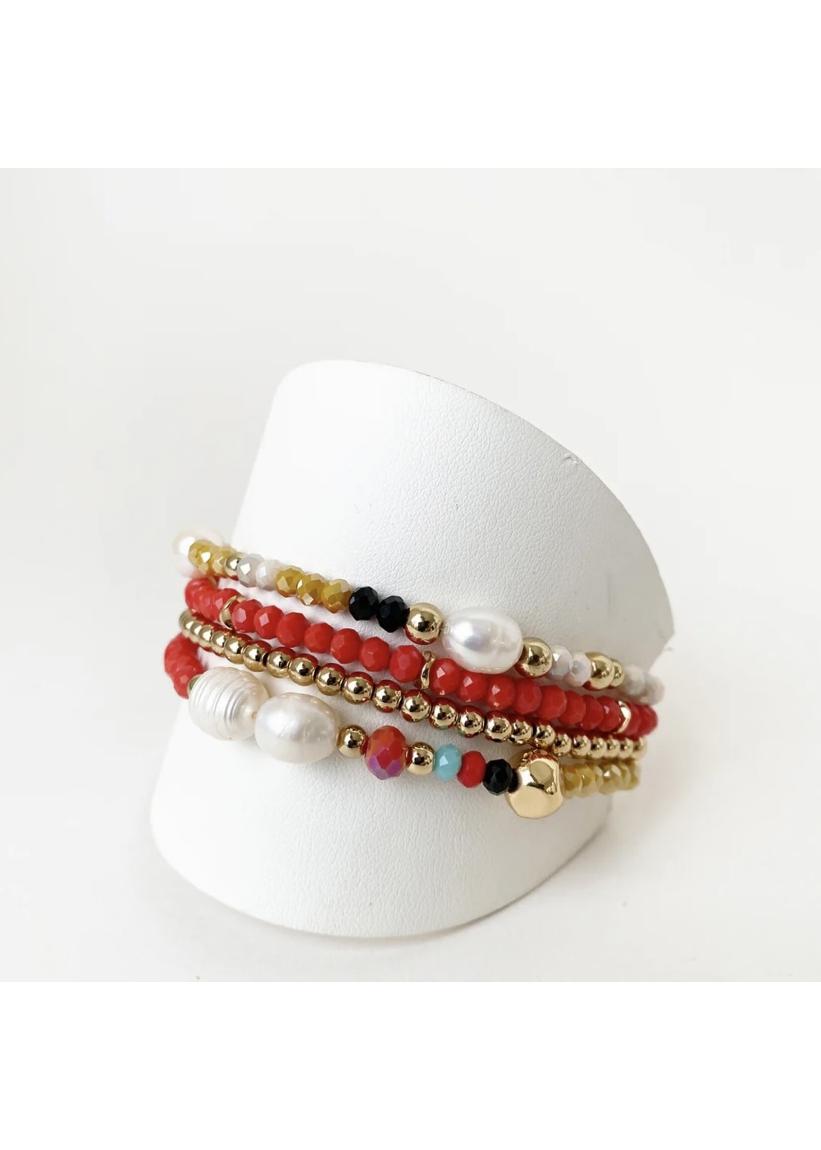 Wrap Bracelet w Beads & Pearls - Red