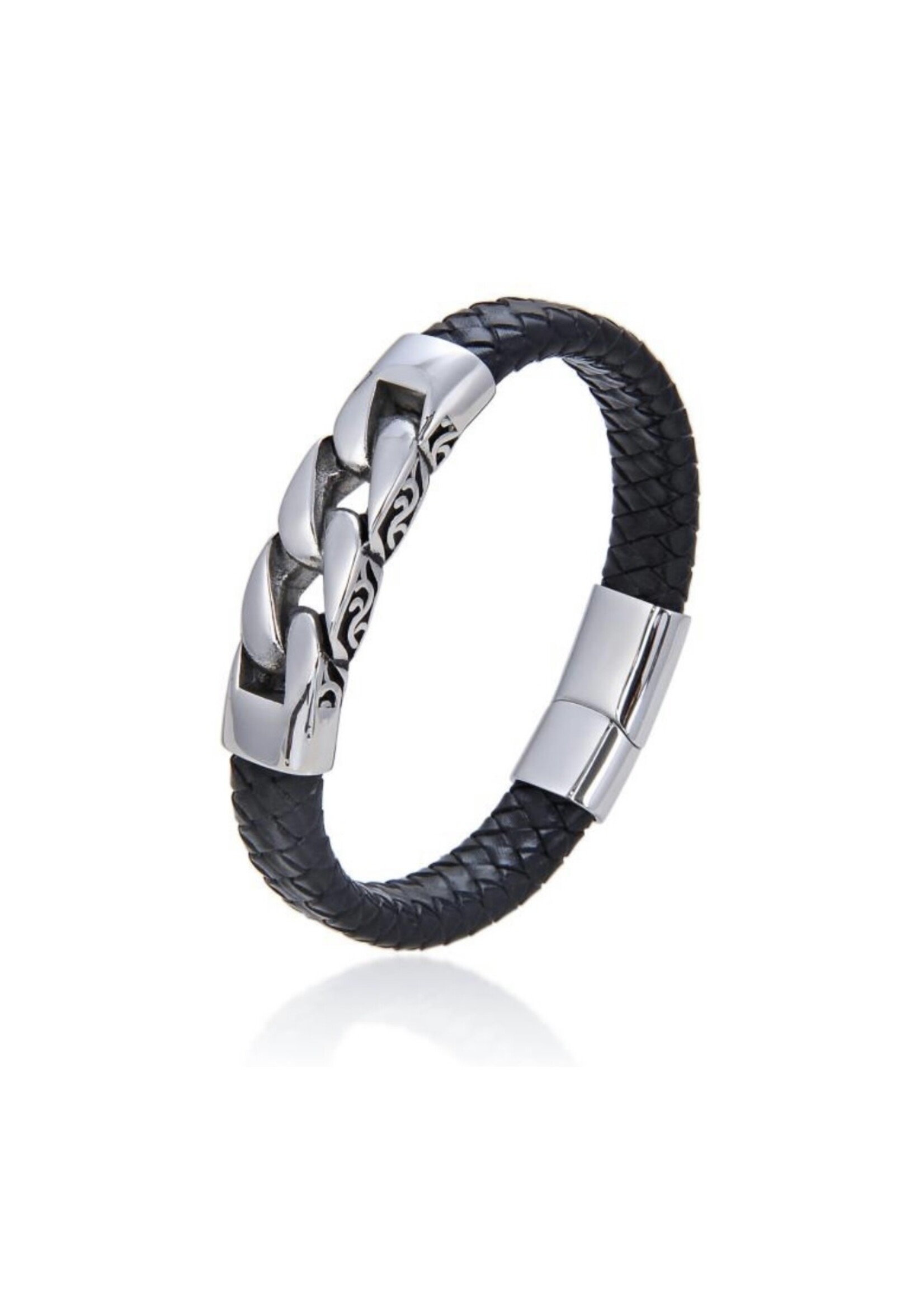 MEN’S LEATHER BRACELET WITH STAINLESS STEEL LOCK, 8.5 INCHES.