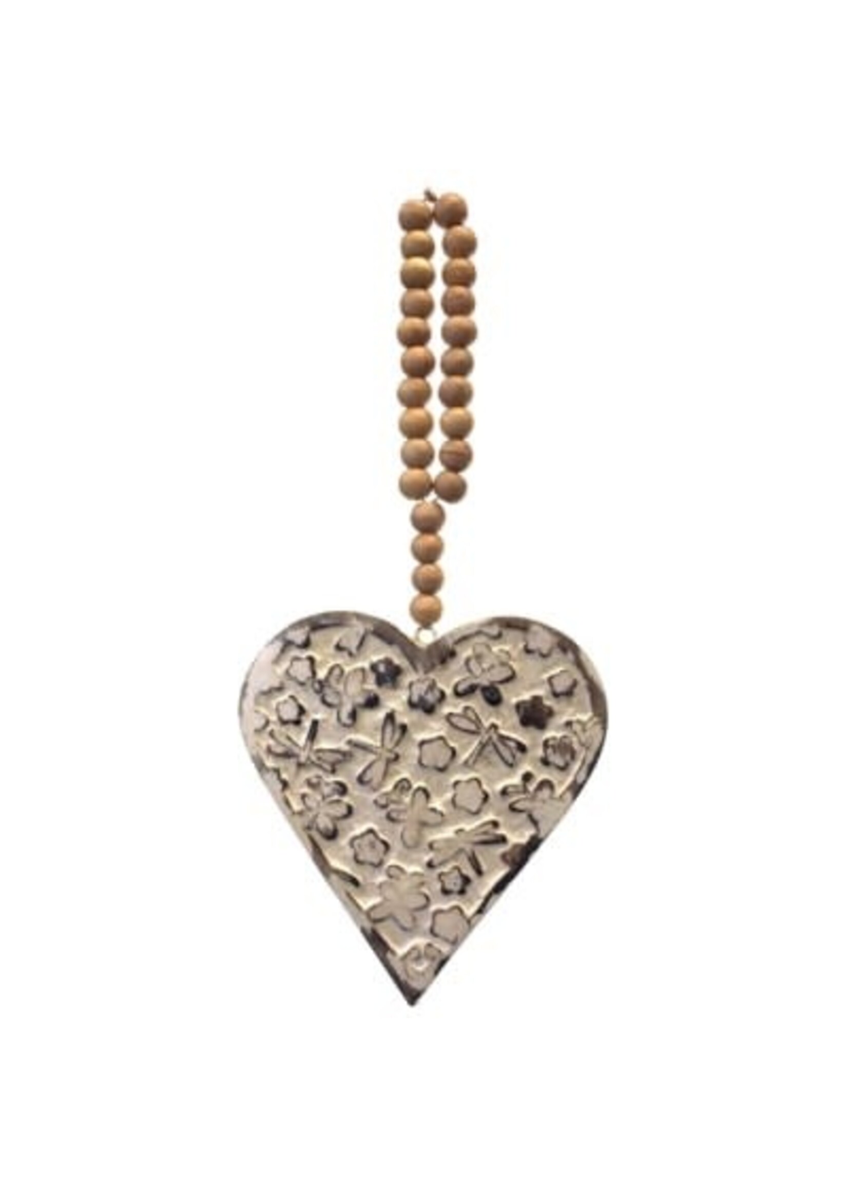 Mango Wood Heart with Beads - Butterflies & Dragonflies 6"