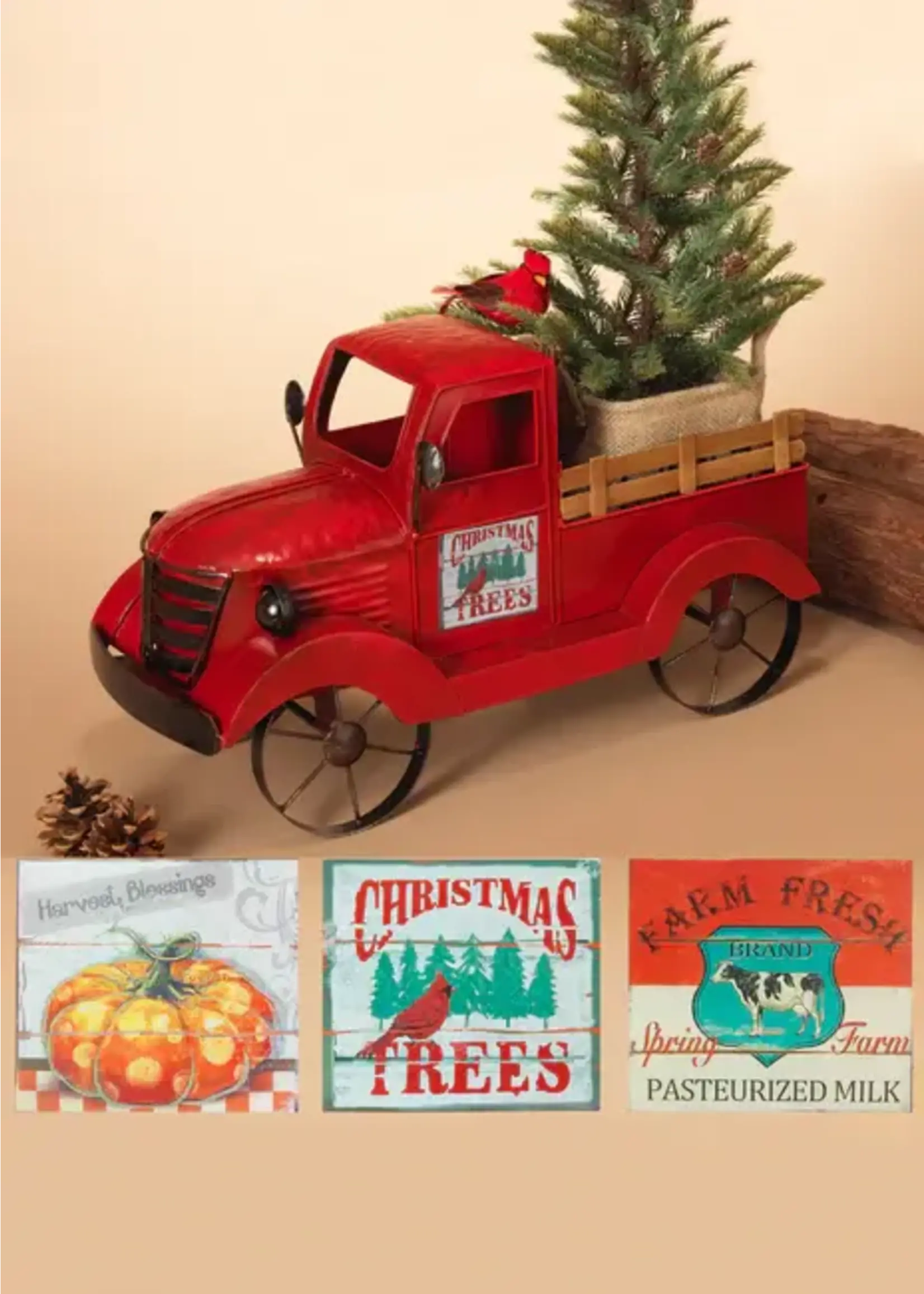 Metal Antique Red Truck with 3 Seasonal Magnets