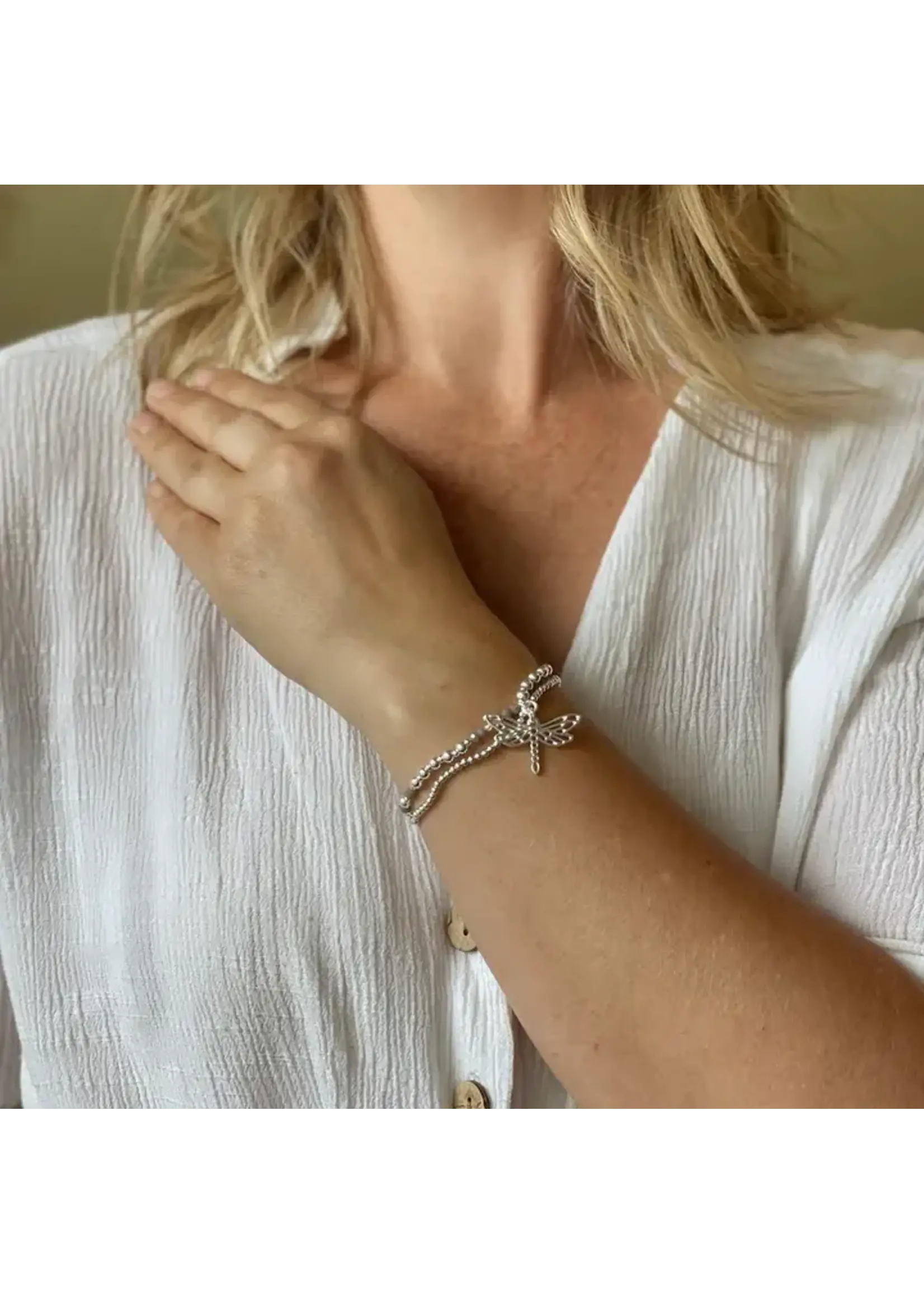 Double Strand Bracelet With Dragonfly Pendant In Silver Plate