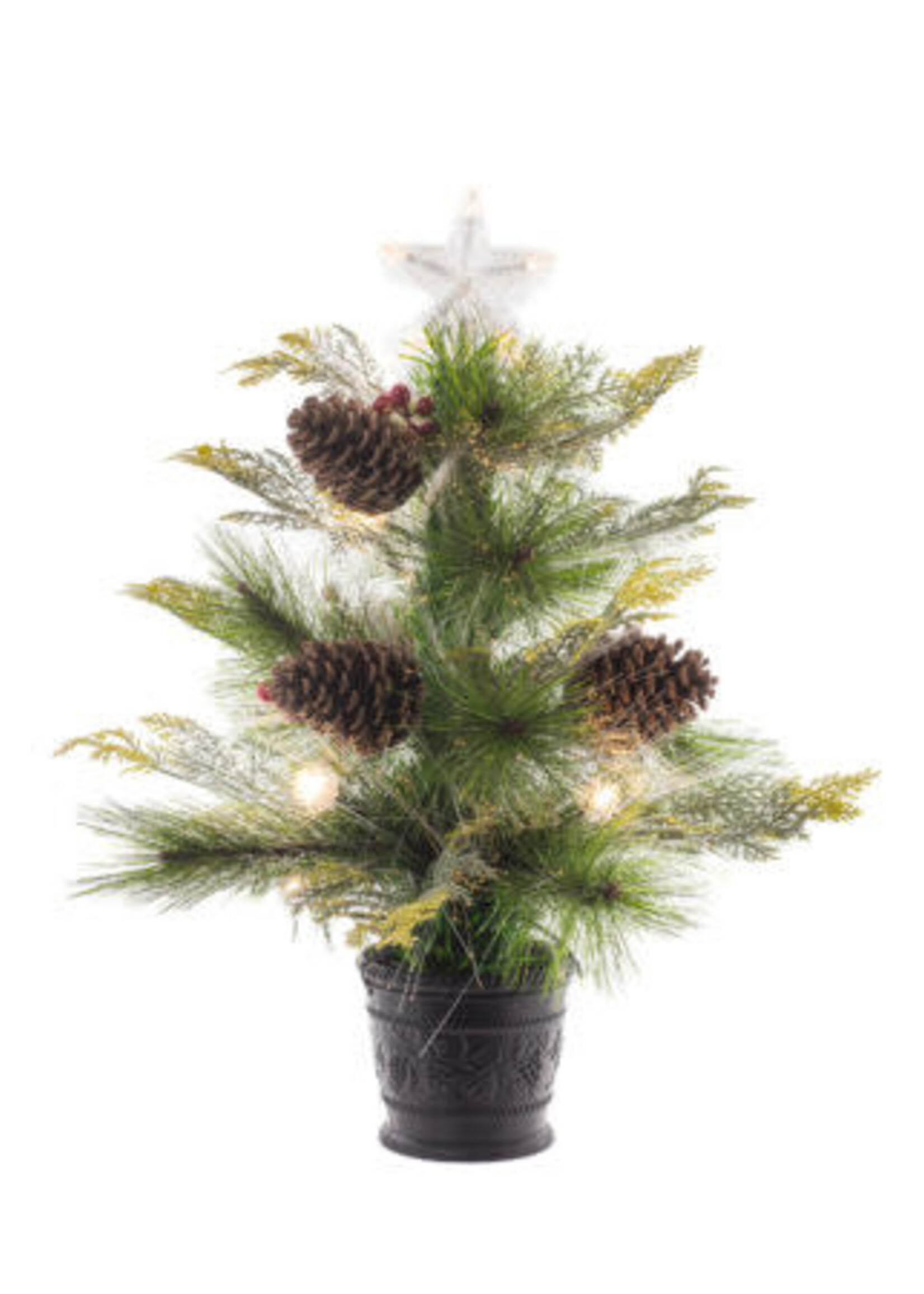 GREEN PVC MIXED PINE LED MINI CHRISTMAS TREE WITH CONES AND BERRIES
