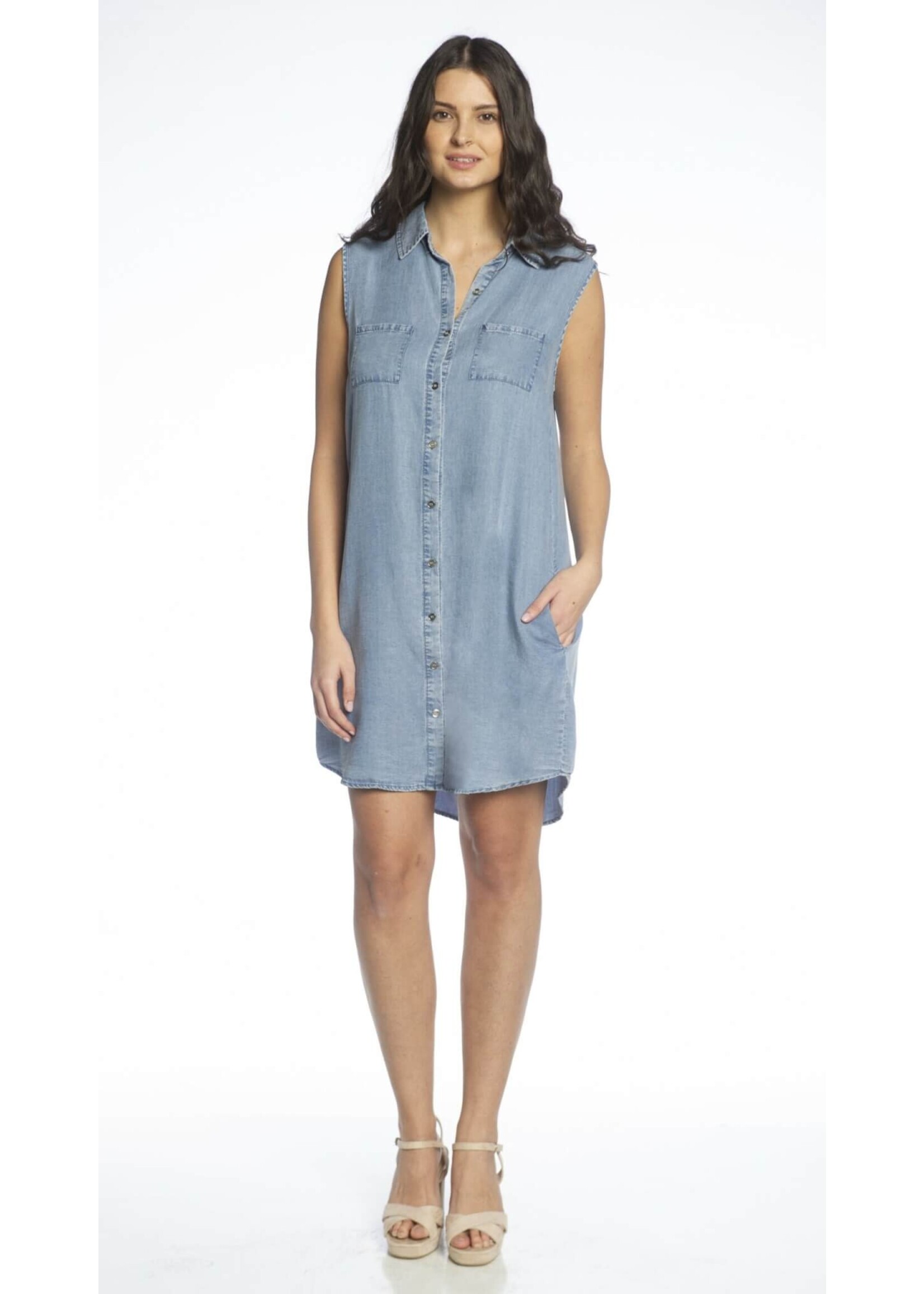 Sleeveless Button Front Shirt Dress with Chest and Side Pockets