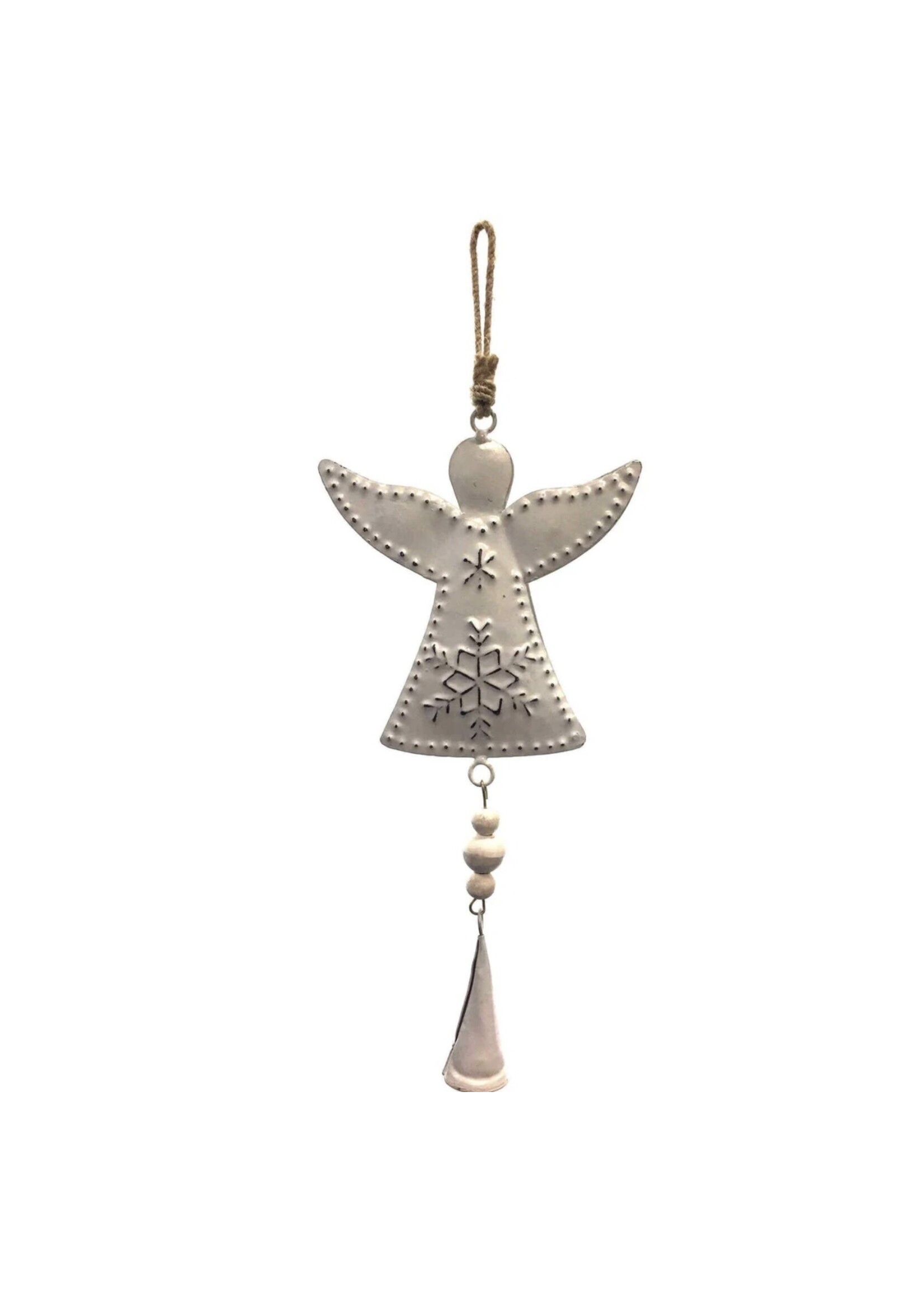 Iron Bell Chime - Angel w/ Embossed Snowflakes White 16"