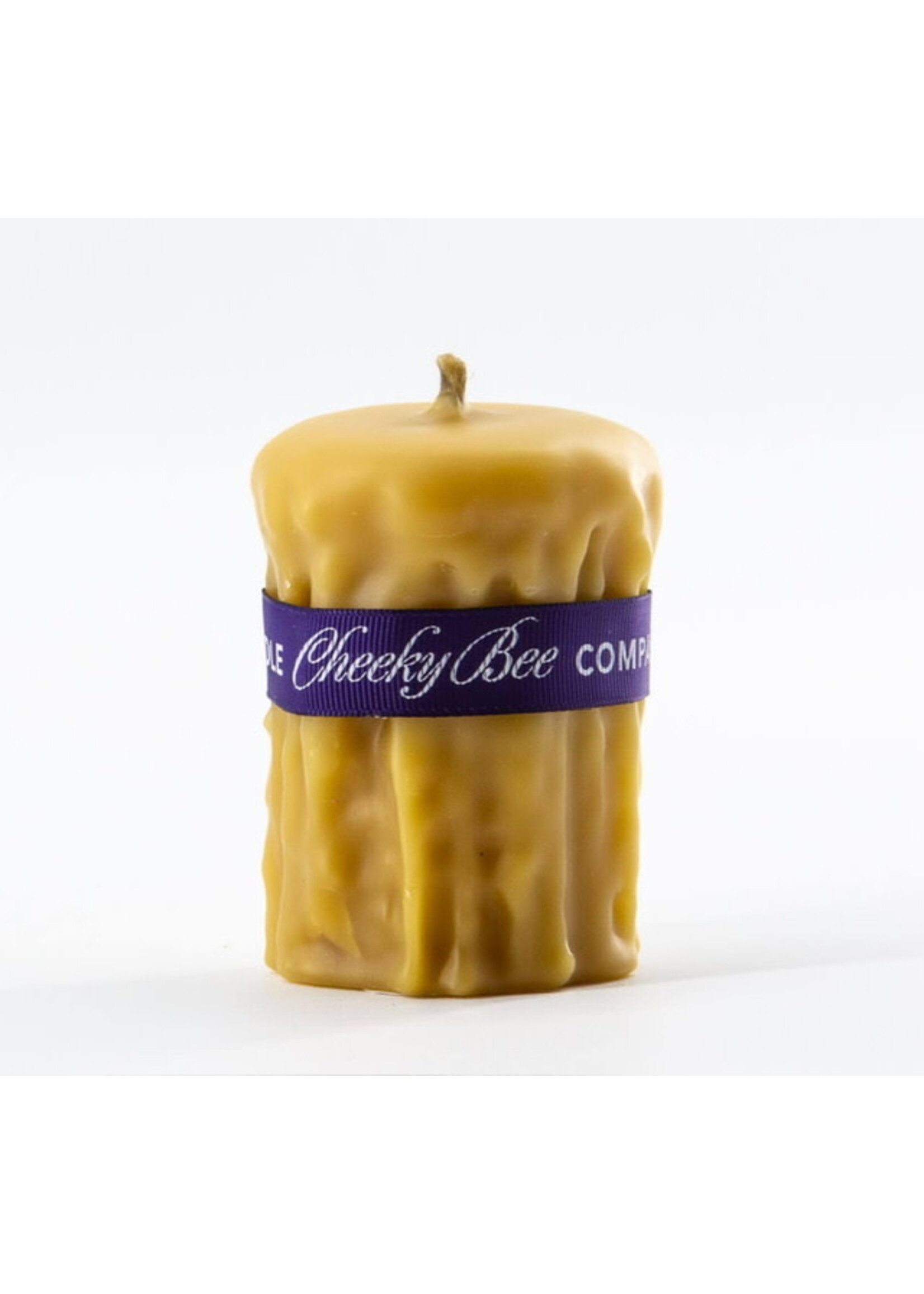Cheeky Bee Beeswax Pillar Candle Signature Drip Pillar – Gold 2.5” x 3.5”