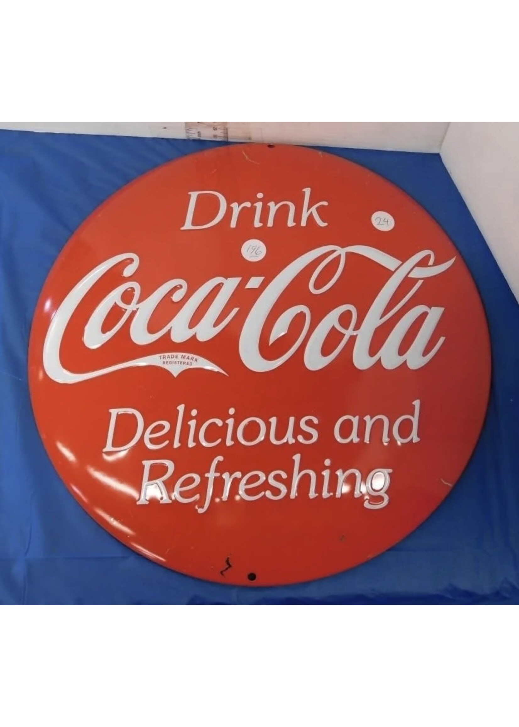 METAL BUTTON ADVERTISING SIGN "DRINK COCA COLA" 14.5” DIAMETER