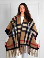 Designer Plaid Cape W/ Fringes - Beige