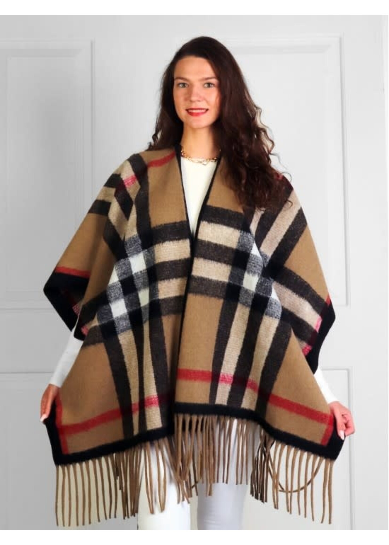 Designer Plaid Cape W/ Fringes - Beige