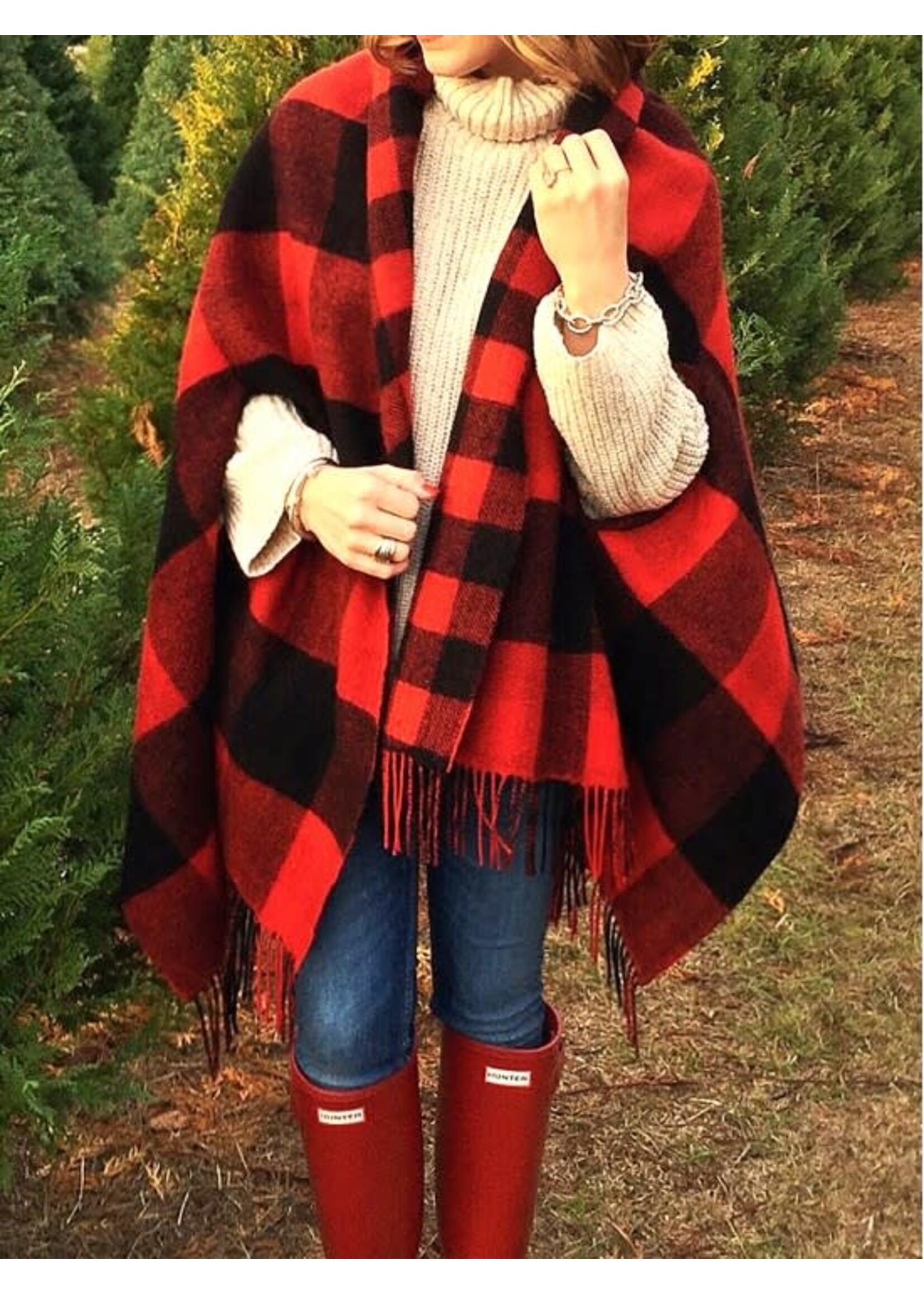 Black and Red Plaid Patterned Cape W/ Fringe.