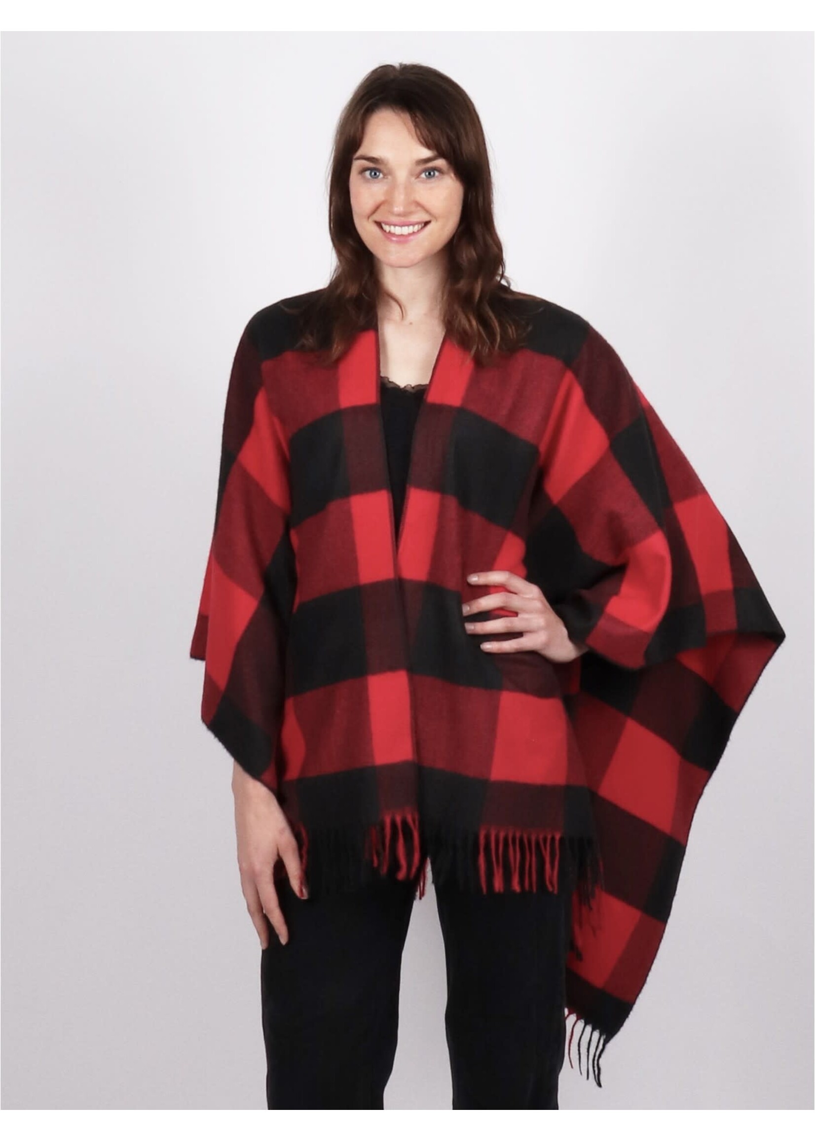 Black and Red Plaid Patterned Cape W/ Fringe.