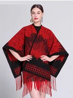Designer Plaid Cape W/ Fringes - Red