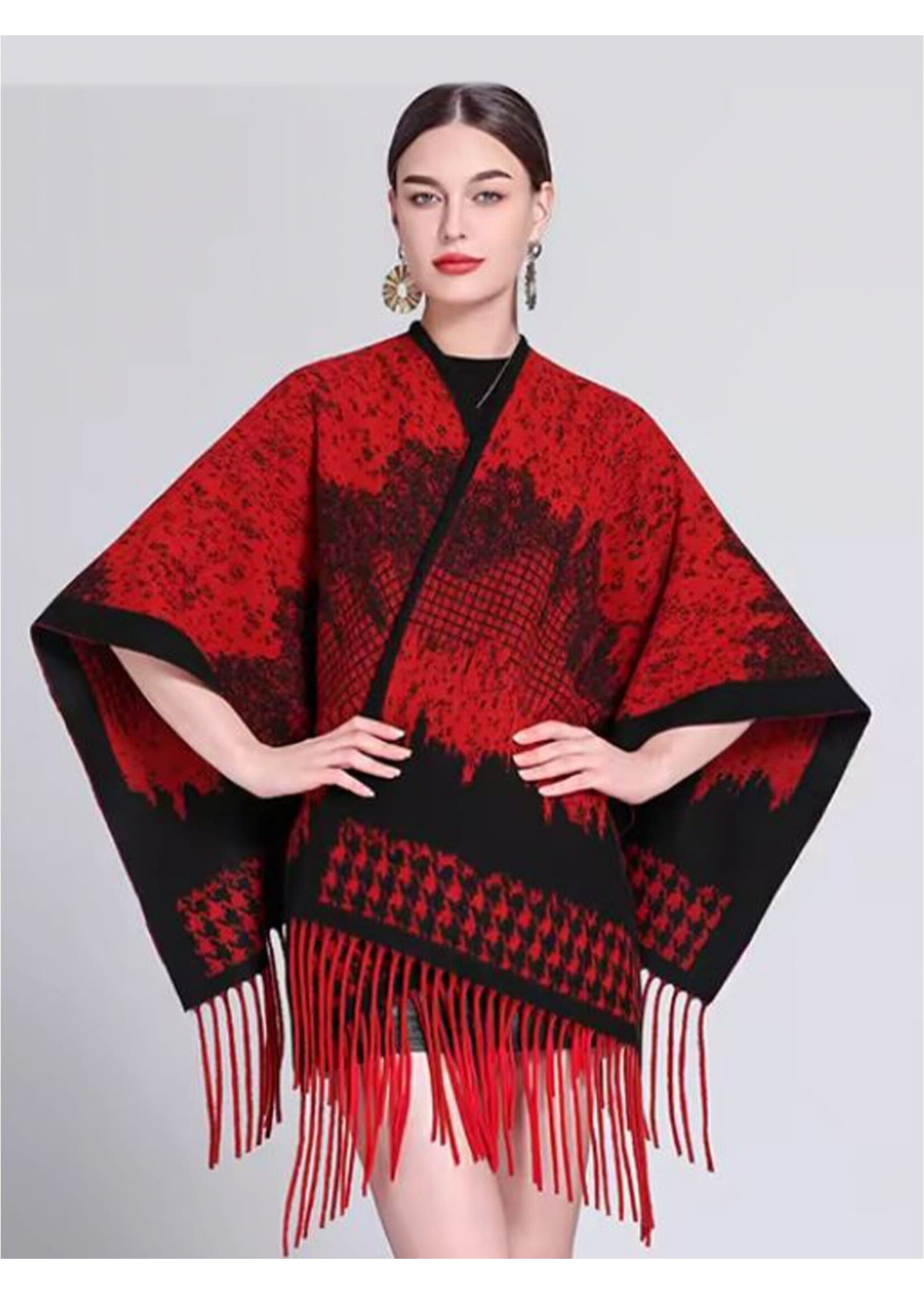 Designer Plaid Cape W/ Fringes - Red