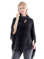 Turtleneck Button Poncho-Black/Silver