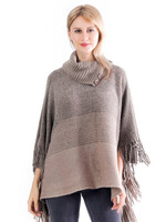 Turtleneck Button Poncho-Brown/Grey