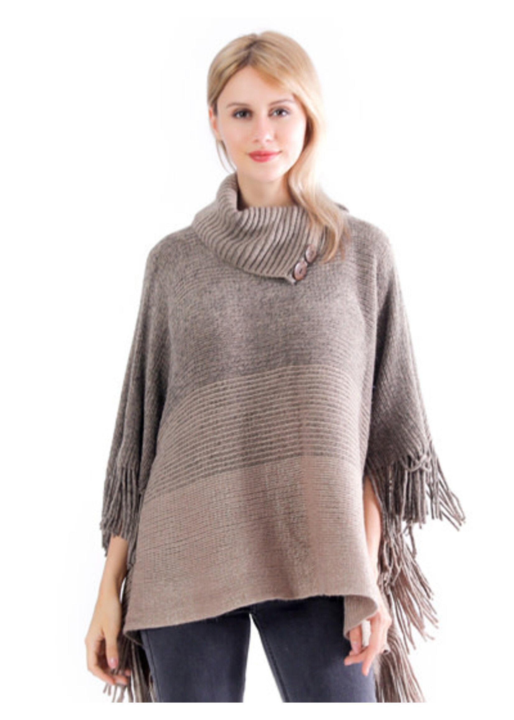Turtleneck Button Poncho-Brown/Grey