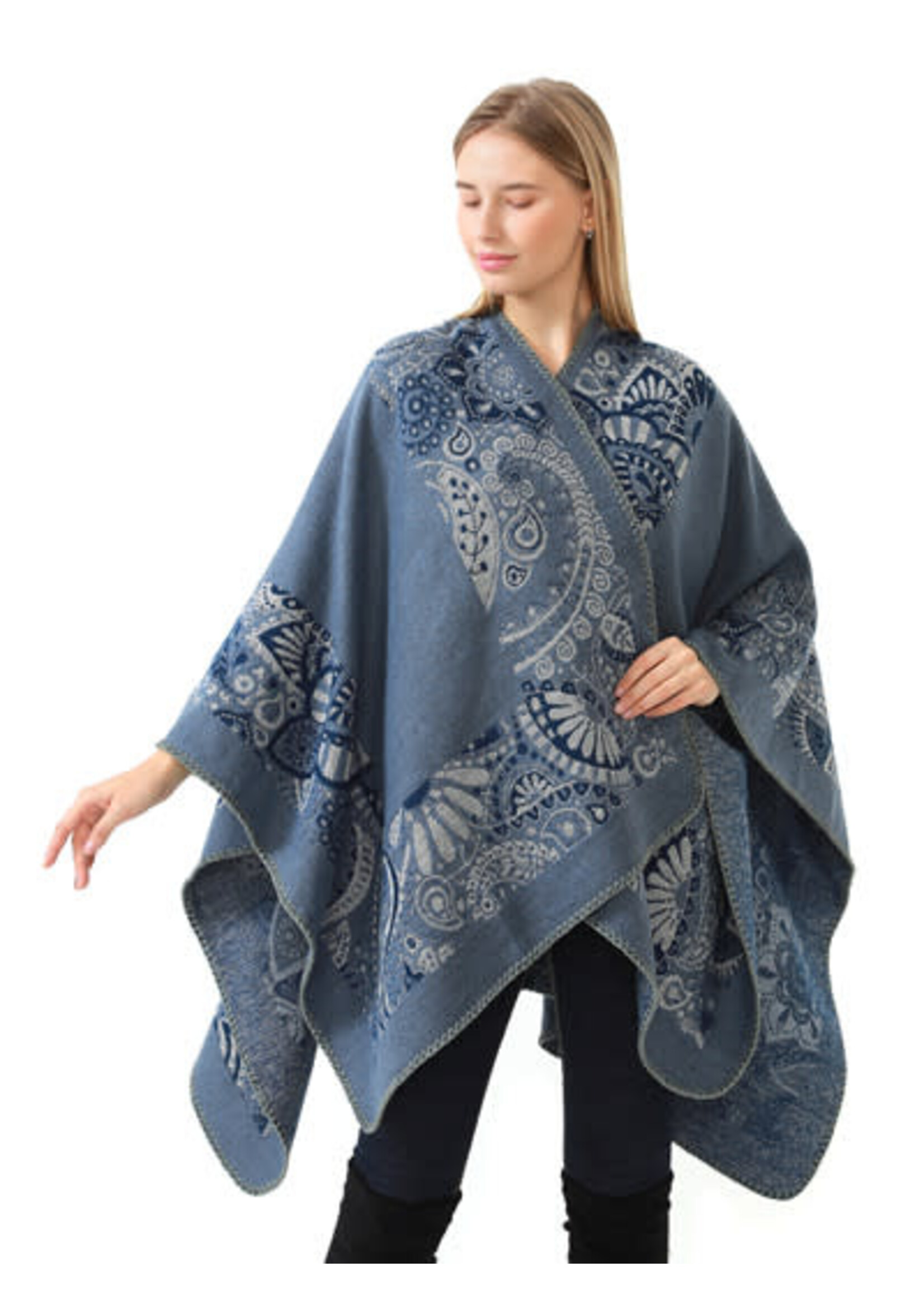 One Size Open Front Poncho Cape - Blue