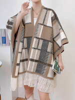 One Size Poncho Cape w/Fringes - Beige Plaid