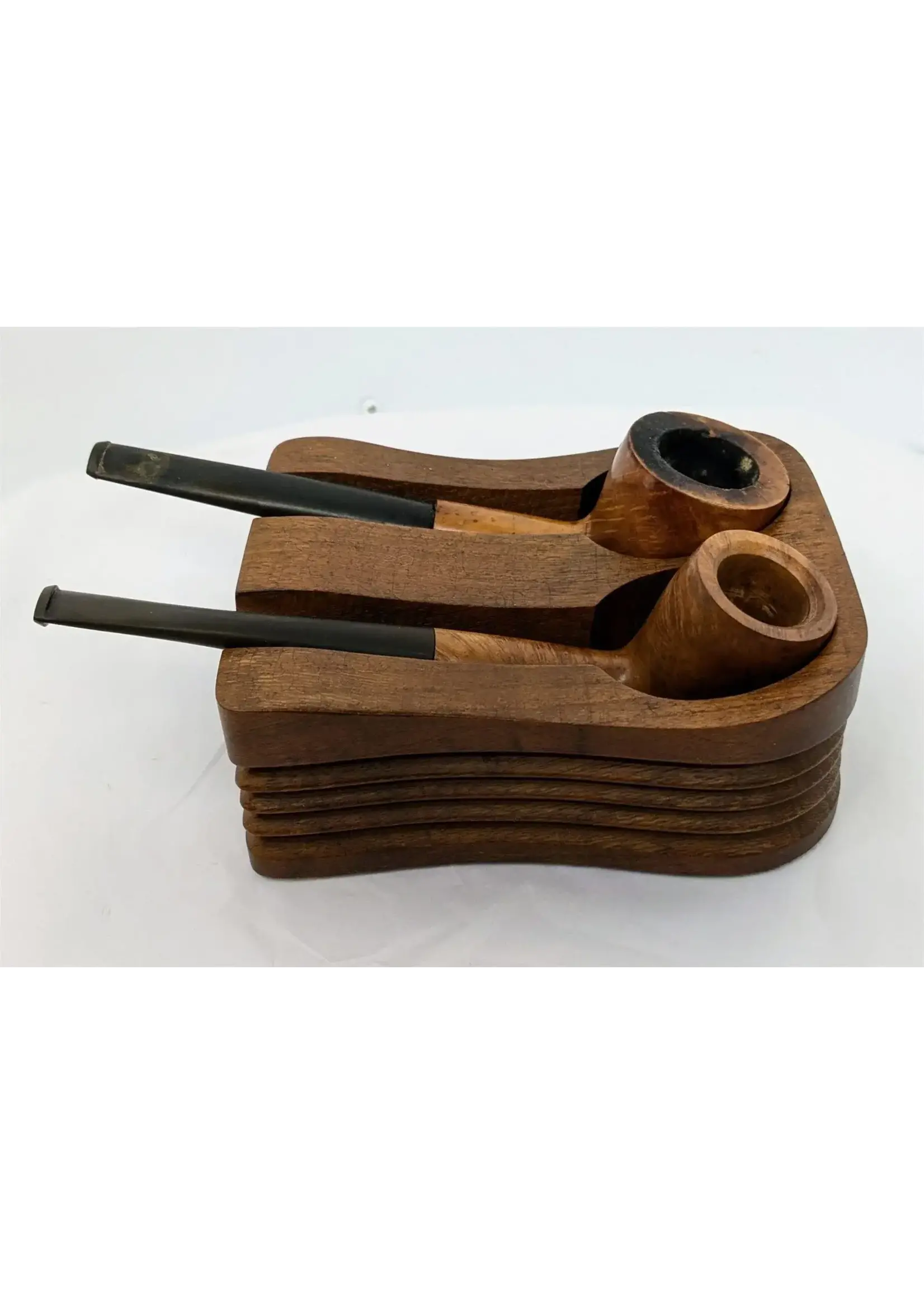 Two British Pipes in Walnut Holder