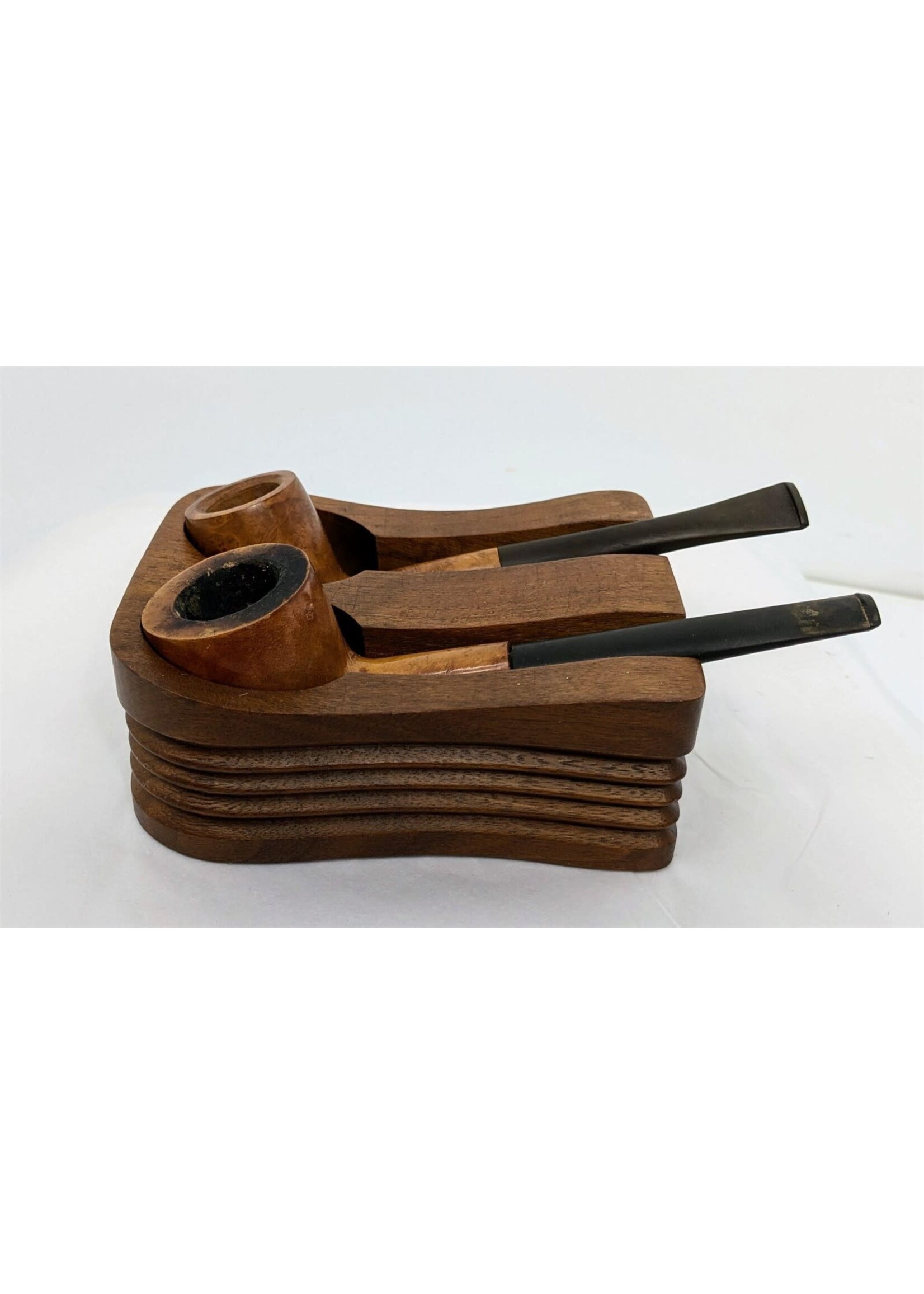 Two British Pipes in Walnut Holder