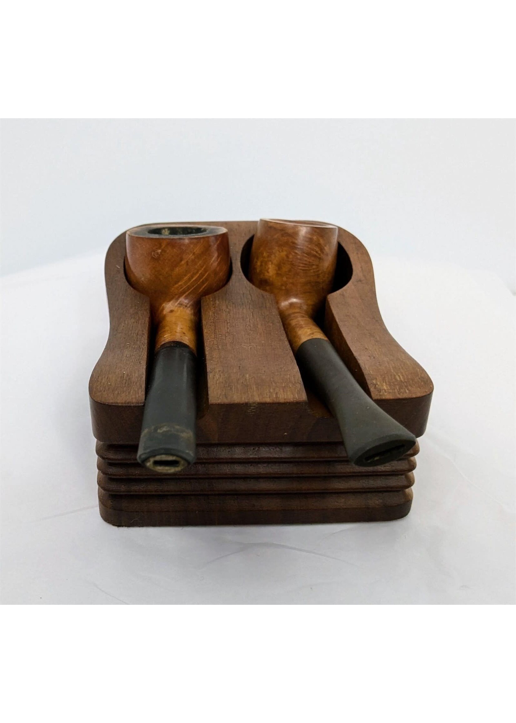 Two British Pipes in Walnut Holder