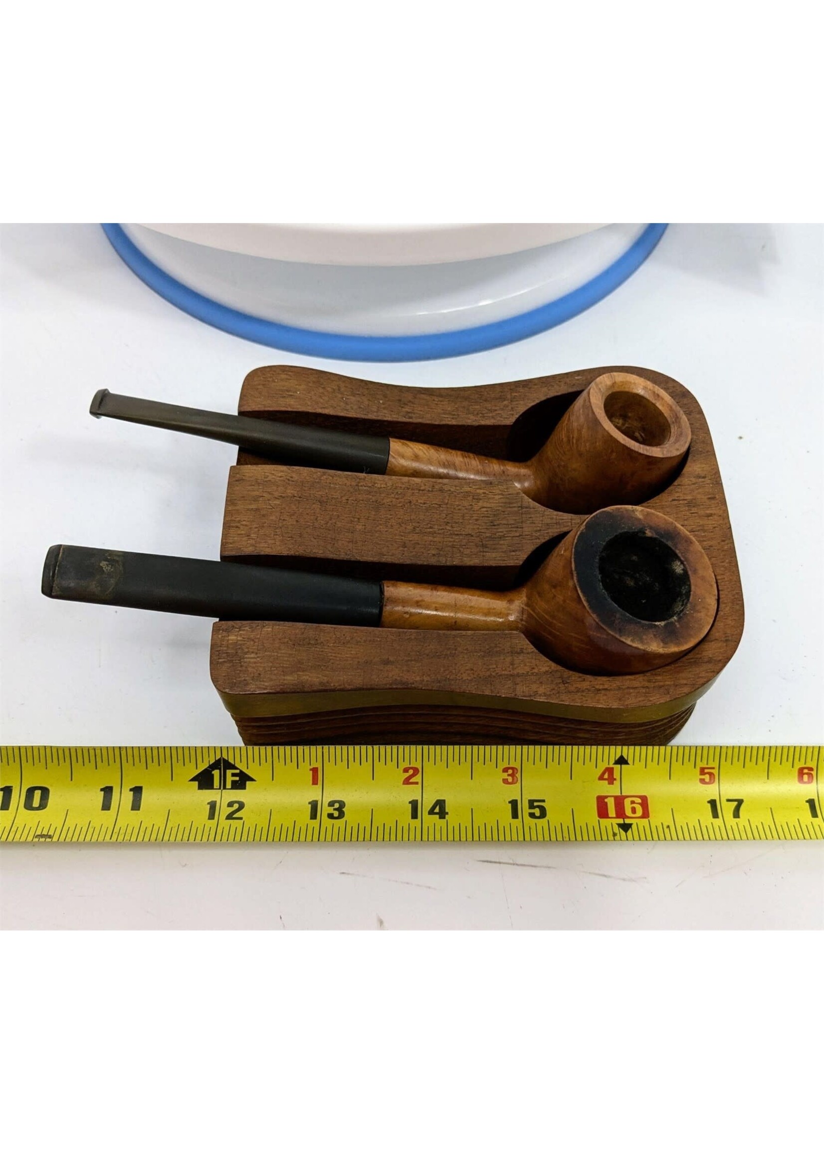Two British Pipes in Walnut Holder
