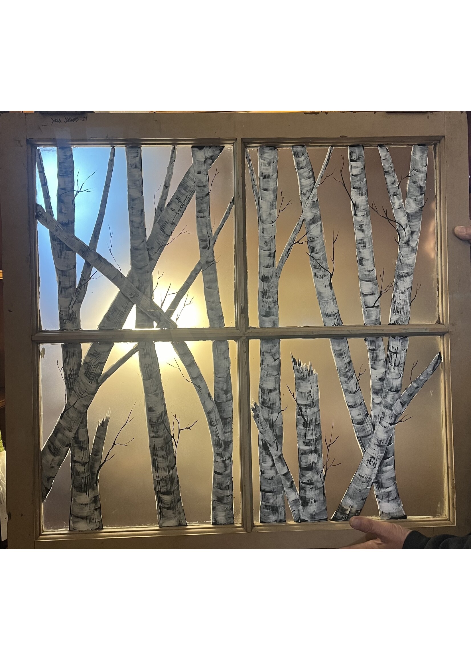 Diana Jenkins Vintage 4 Pane Hand Painted Window 34”w x 32’t - Birch