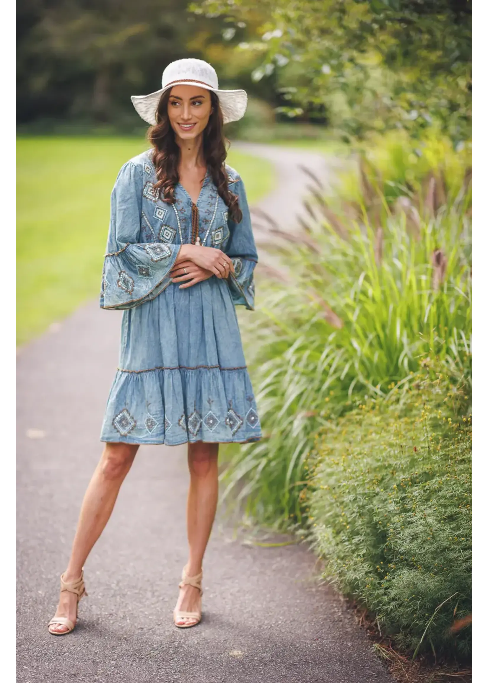 Papillon Embroidered and Beaded Denim Dress