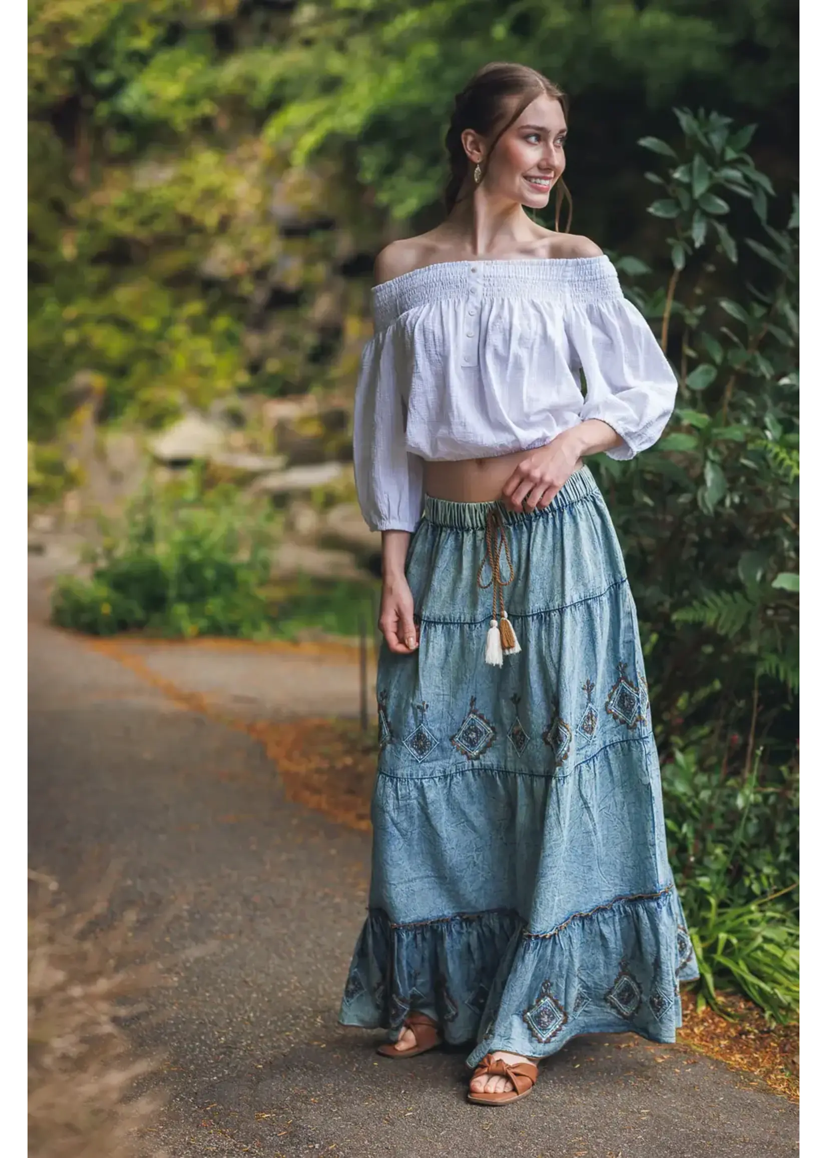 Papillon Embroidered and Beaded Tiered Denim Skirt