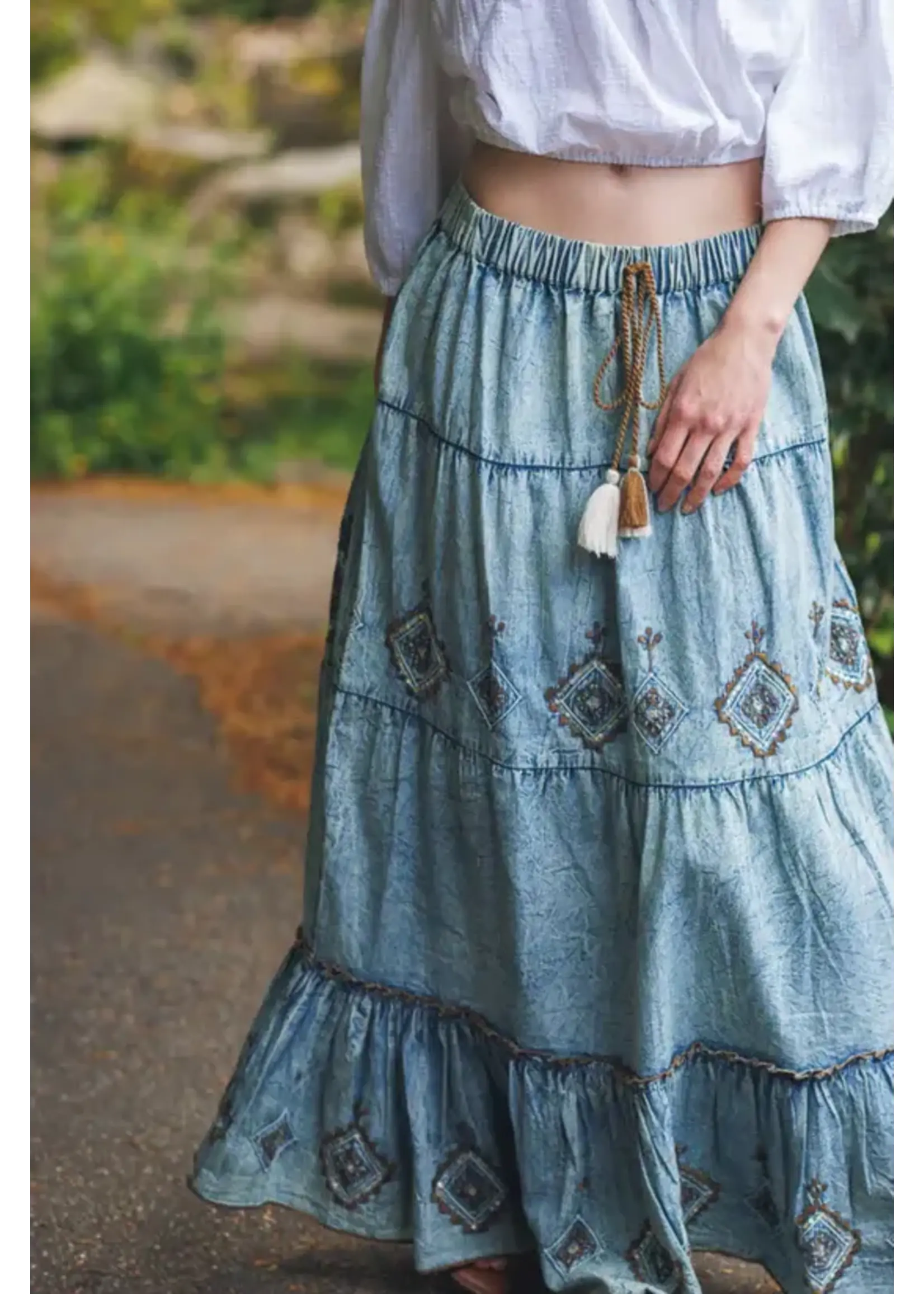 Papillon Embroidered and Beaded Tiered Denim Skirt